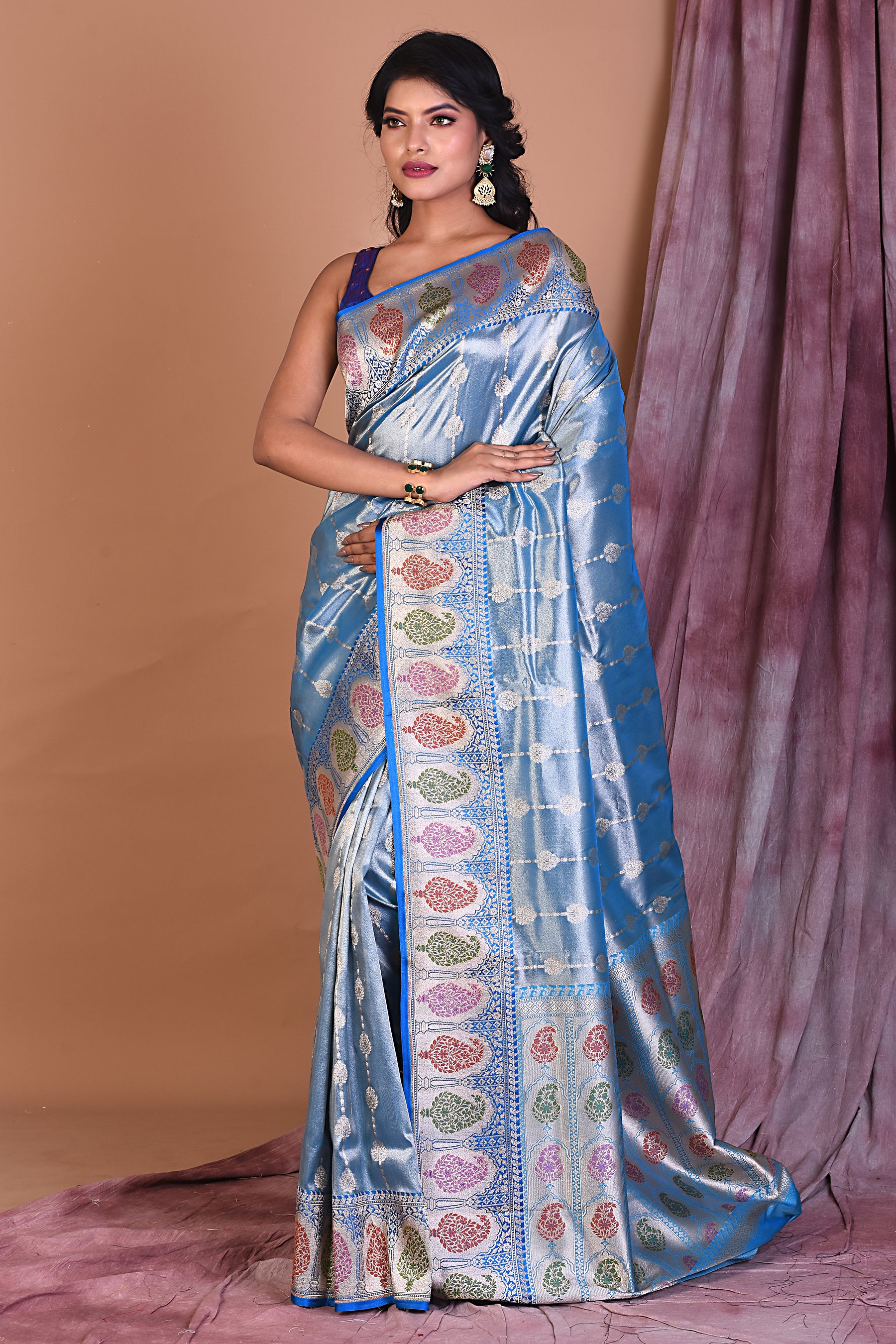 Sky Blue Blended Tissue Saree with Meenakari Work - Keya Seth Exclusive