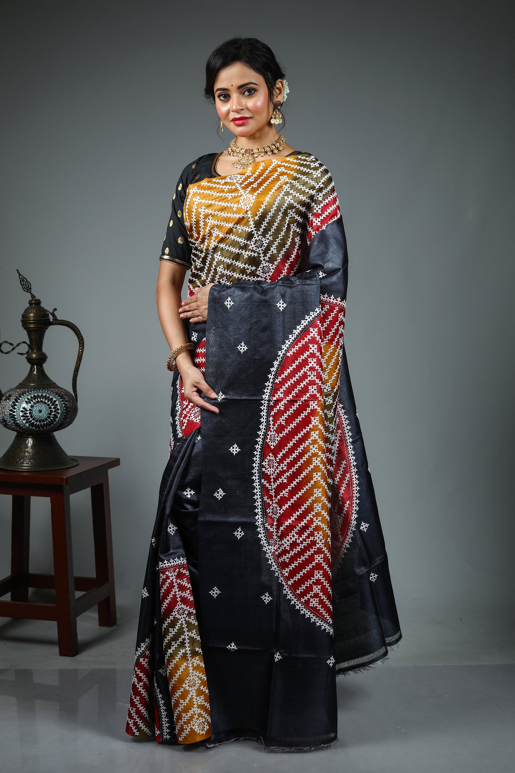 Black Kantha Stitch Saree