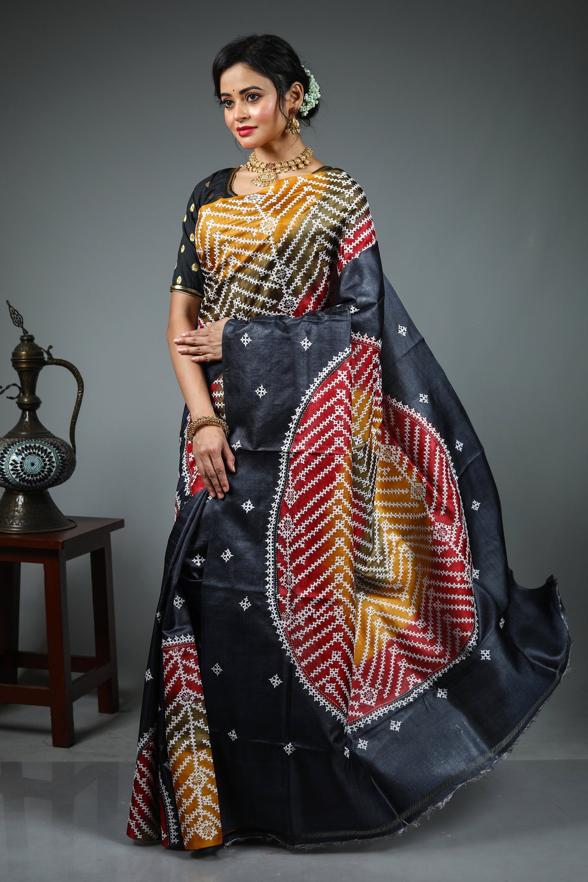 Black Kantha Stitch Saree