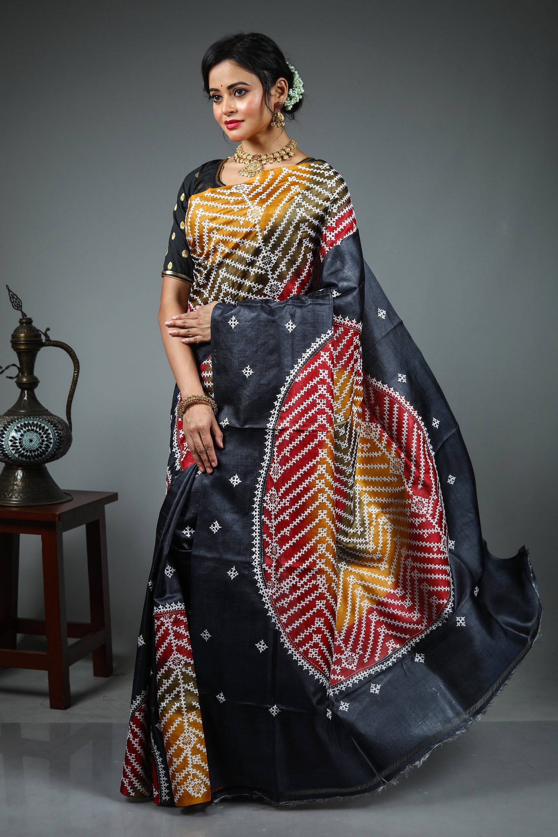 Black Kantha Stitch Saree