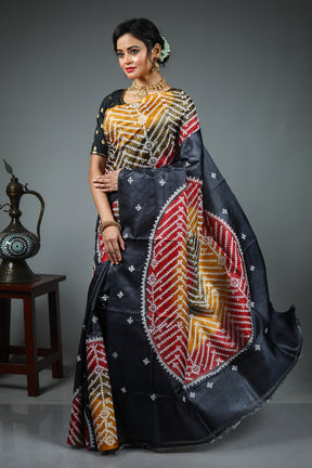 Black Kantha Stitch Saree