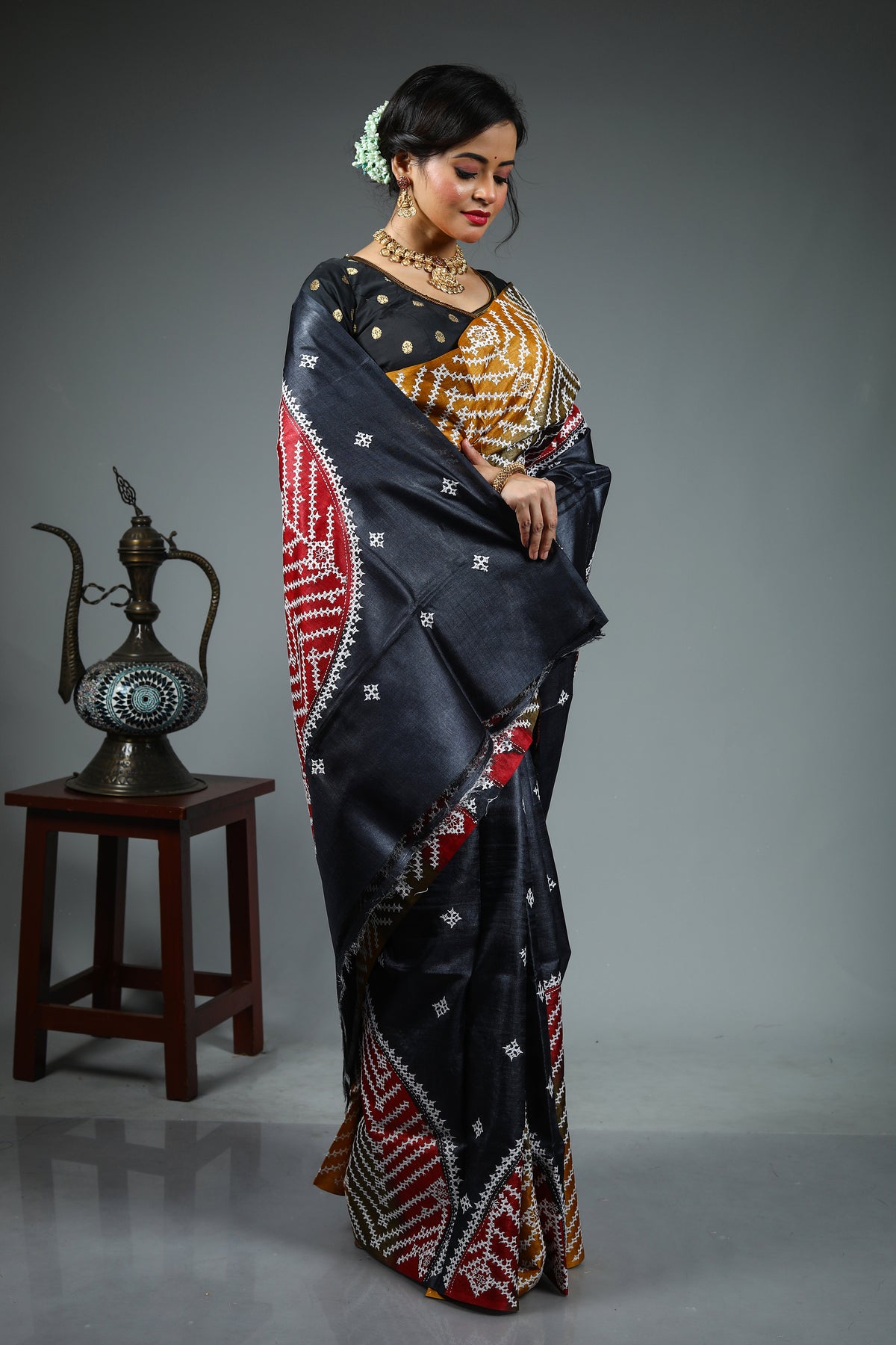 Black Kantha Stitch Saree