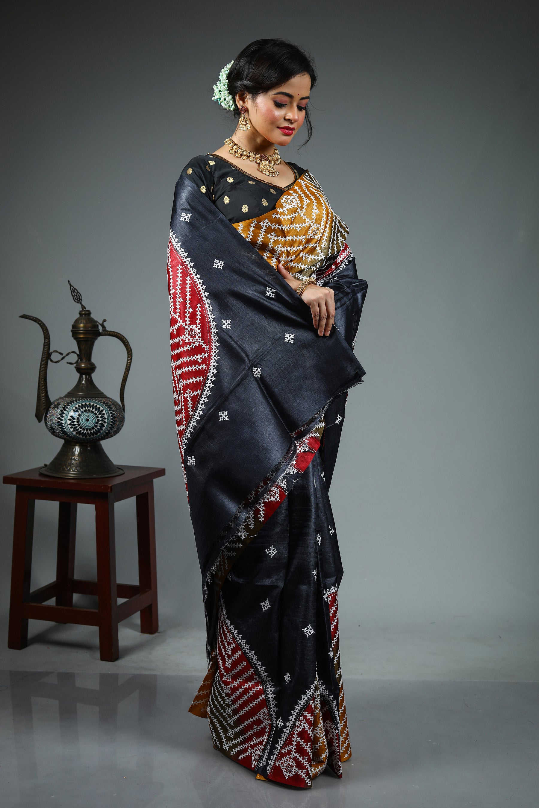 Black Kantha Stitch Saree