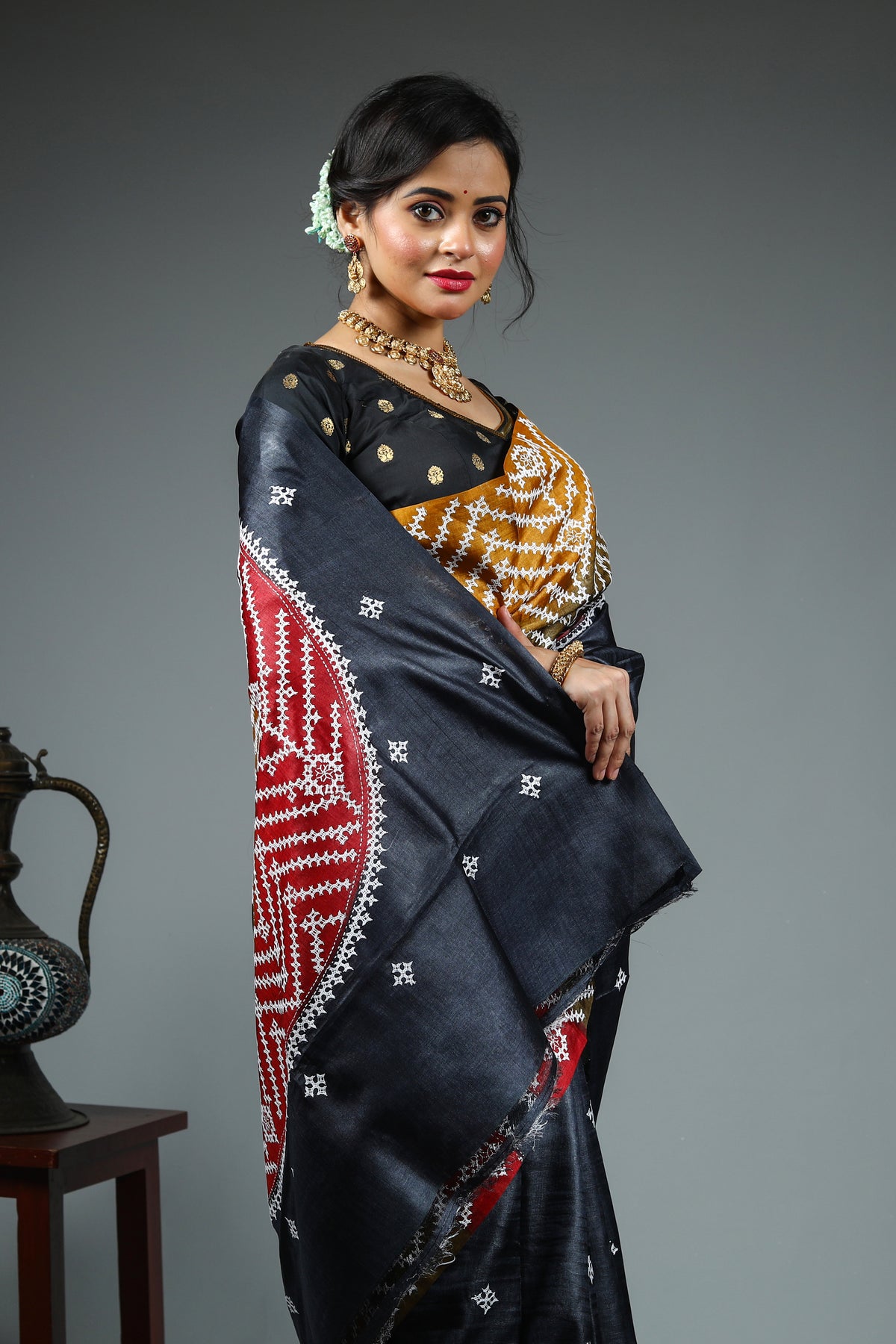 Black Kantha Stitch Saree