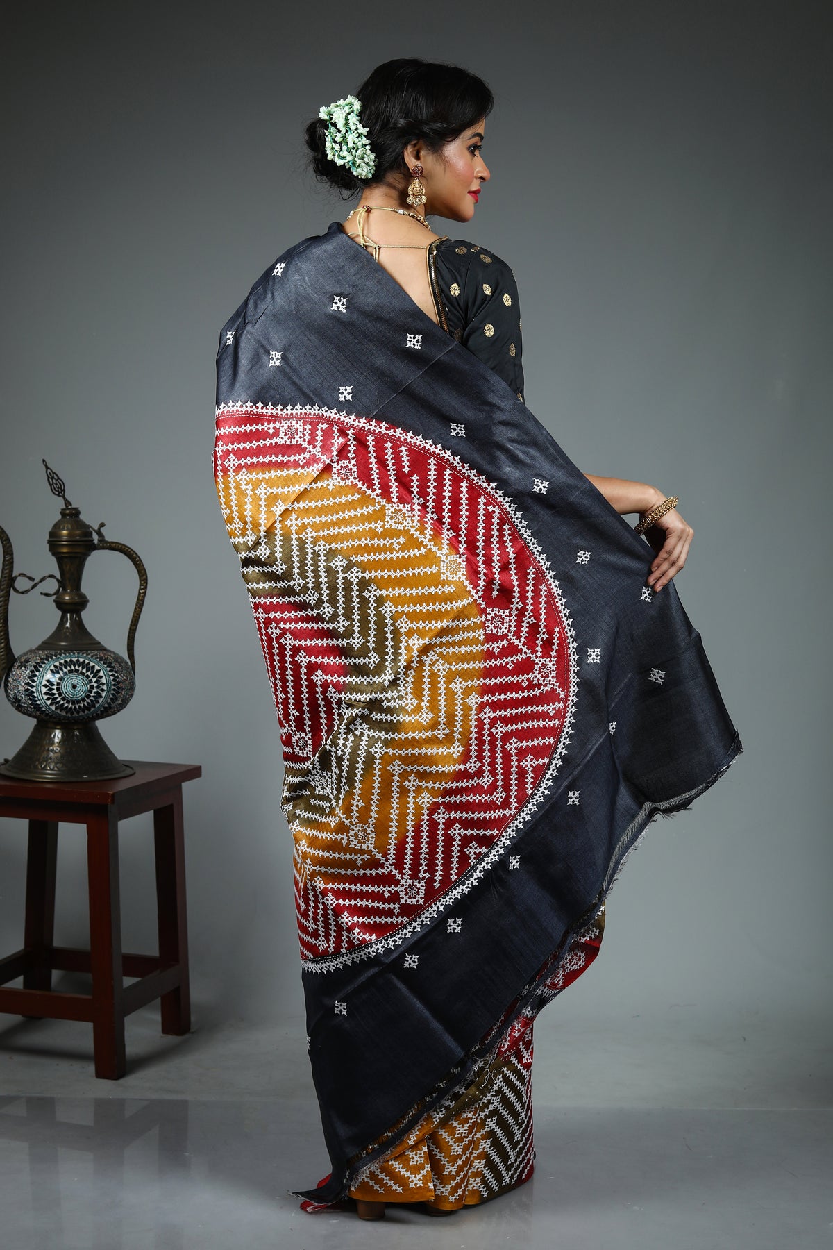 Black Kantha Stitch Saree