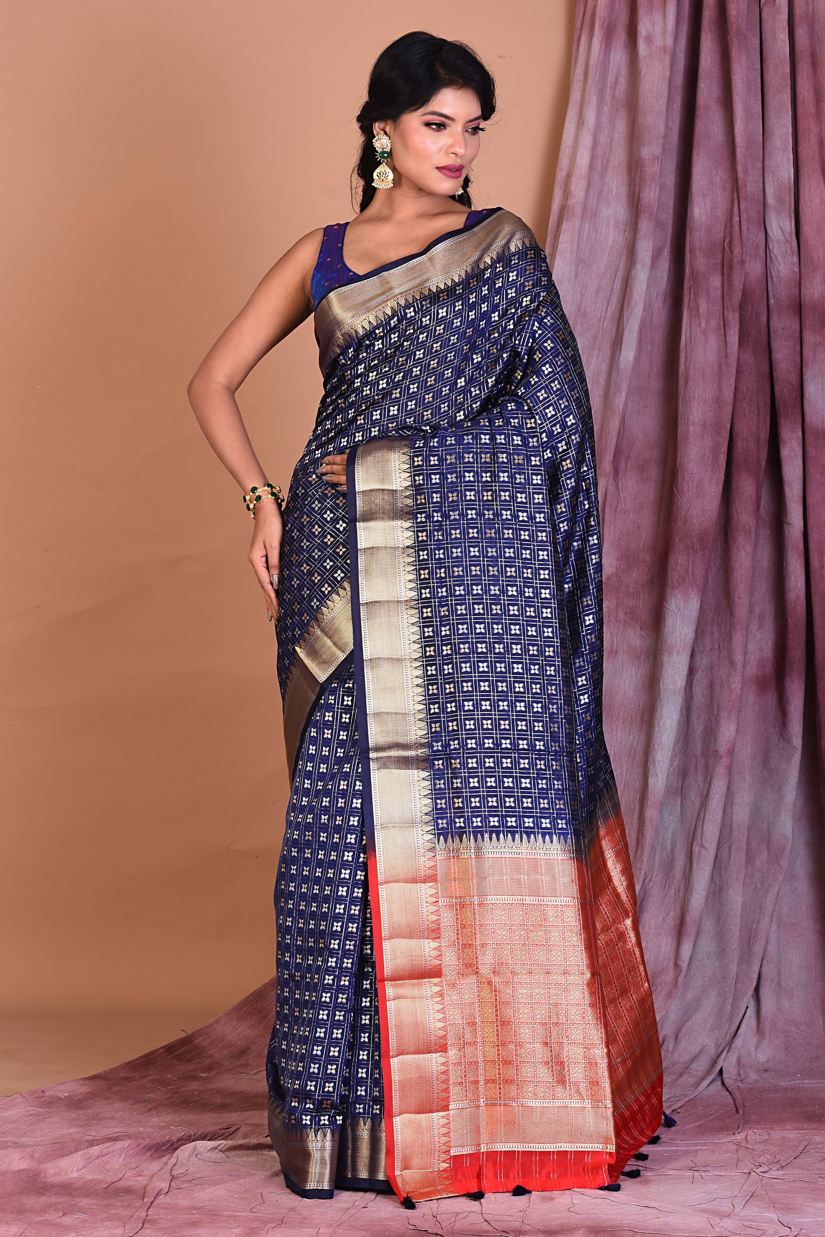 Navy Blue Blended Silk Saree with Golden Zari - Keya Seth Exclusive