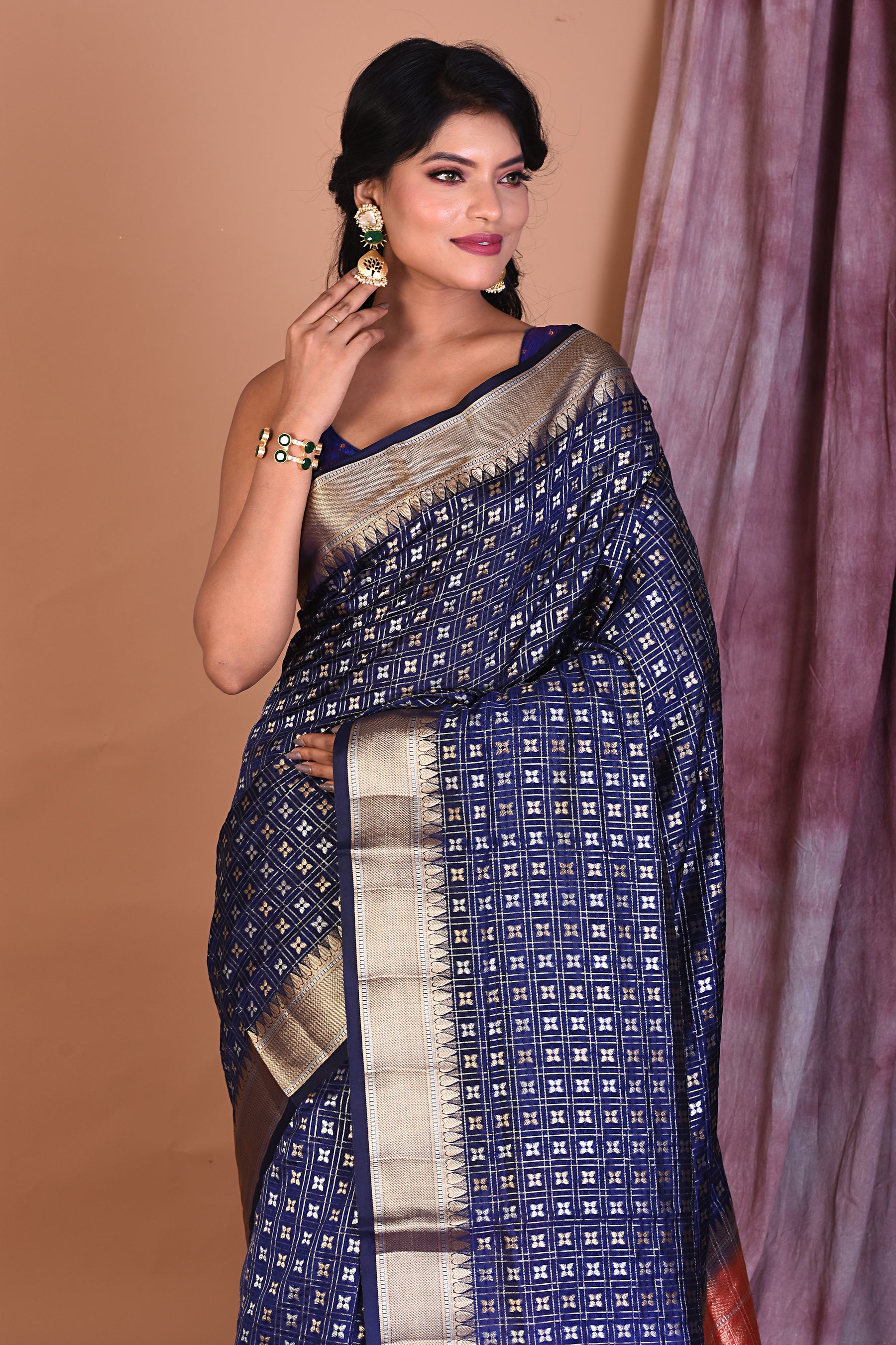 Navy Blue Blended Silk Saree with Golden Zari - Keya Seth Exclusive