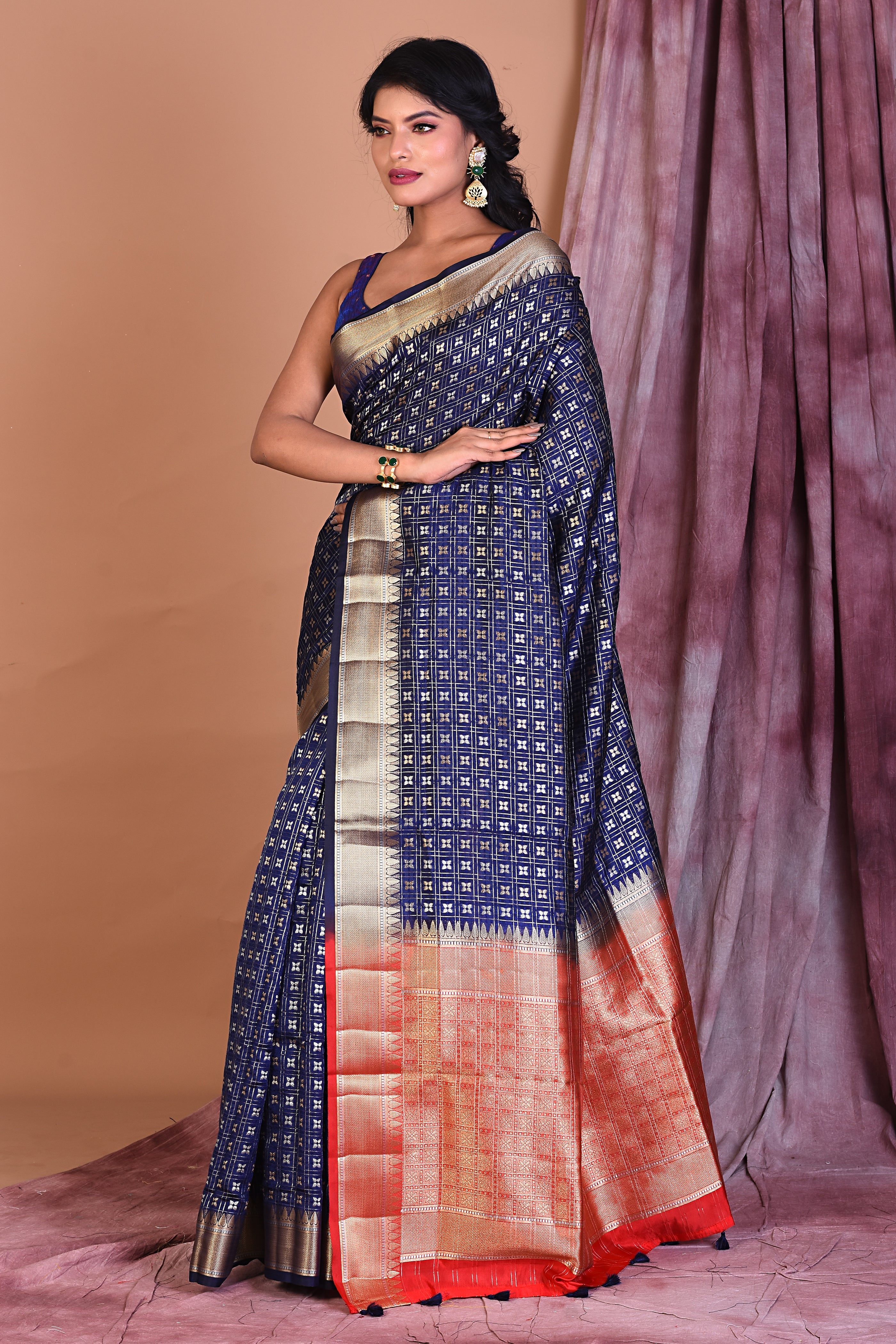 Navy Blue Blended Silk Saree with Golden Zari - Keya Seth Exclusive