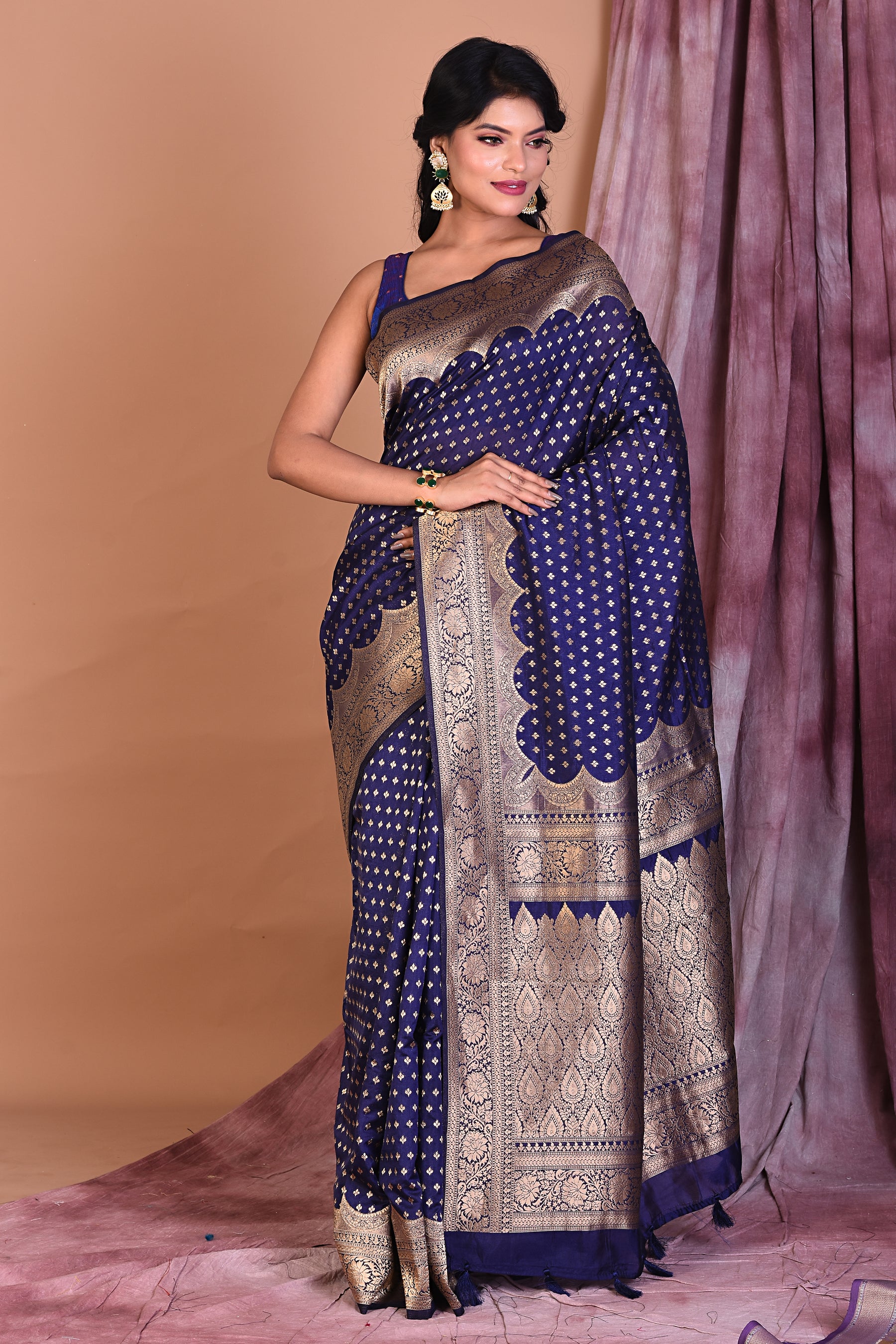 Navy Blue Semi Katan Saree with Golden Zari - Keya Seth Exclusive