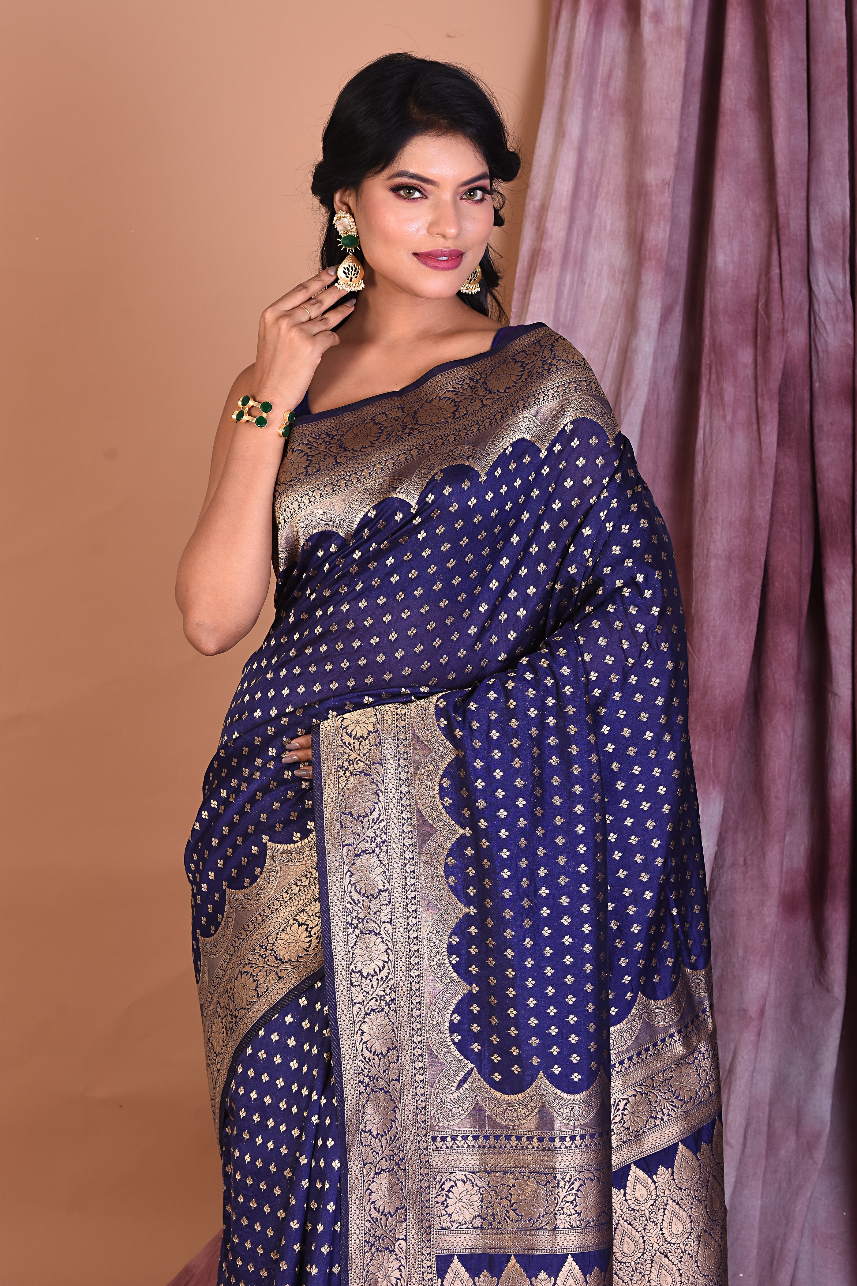 Navy Blue Semi Katan Saree with Golden Zari - Keya Seth Exclusive