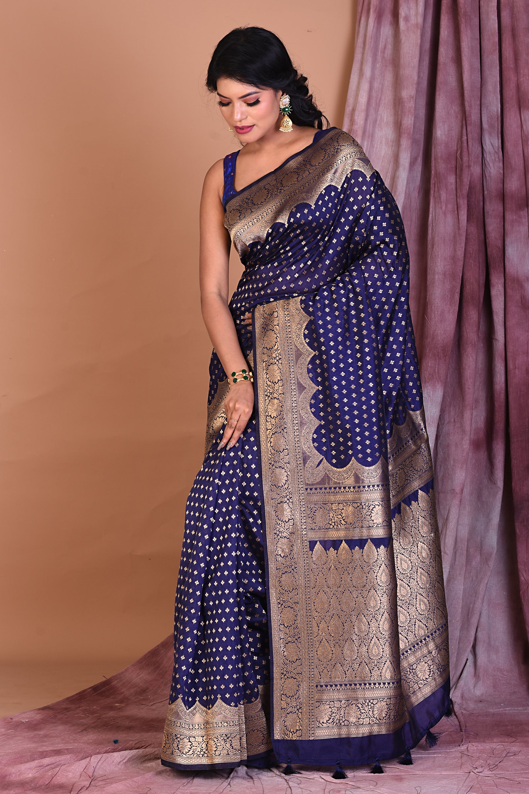 Navy Blue Semi Katan Saree with Golden Zari - Keya Seth Exclusive