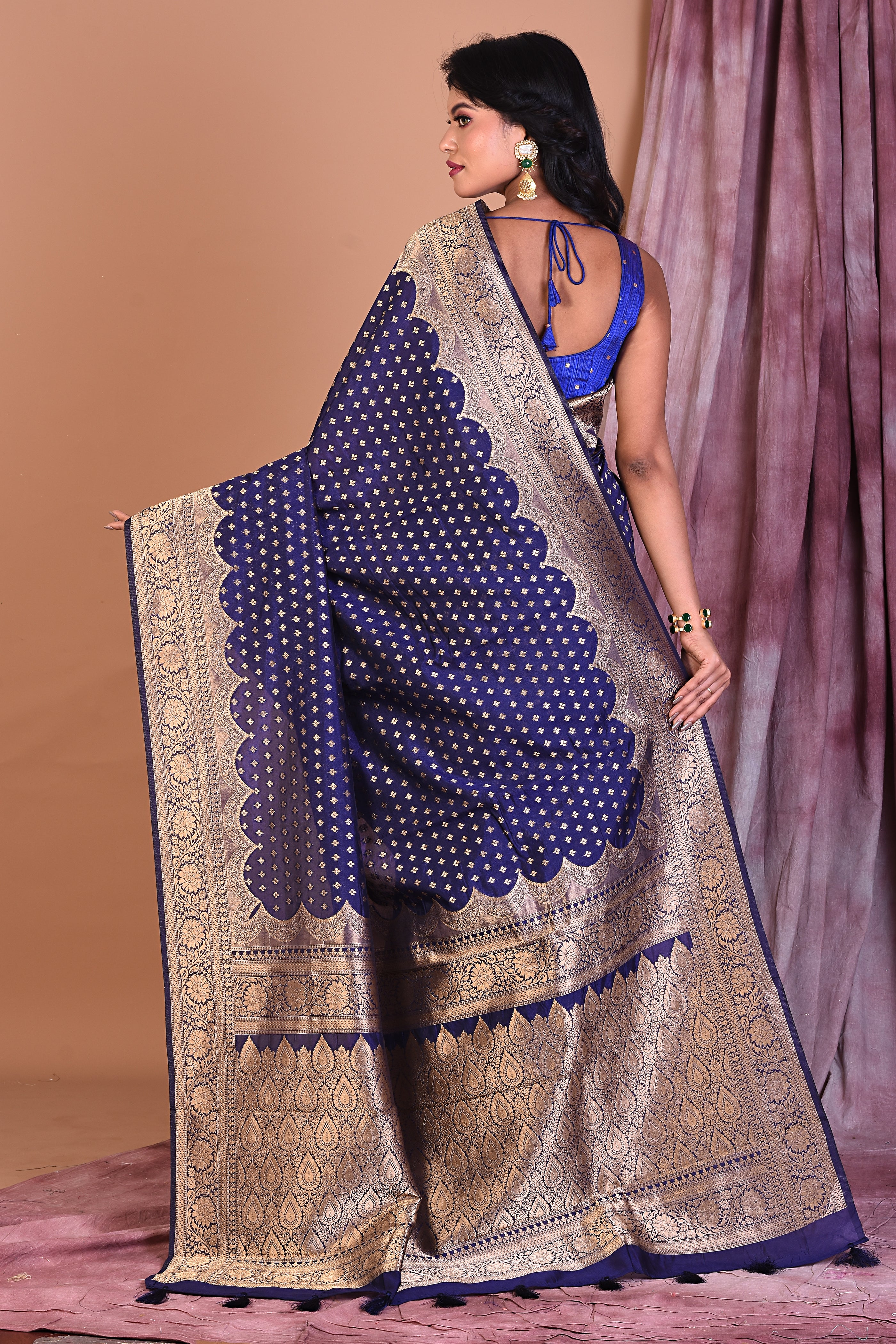 Navy Blue Semi Katan Saree with Golden Zari - Keya Seth Exclusive