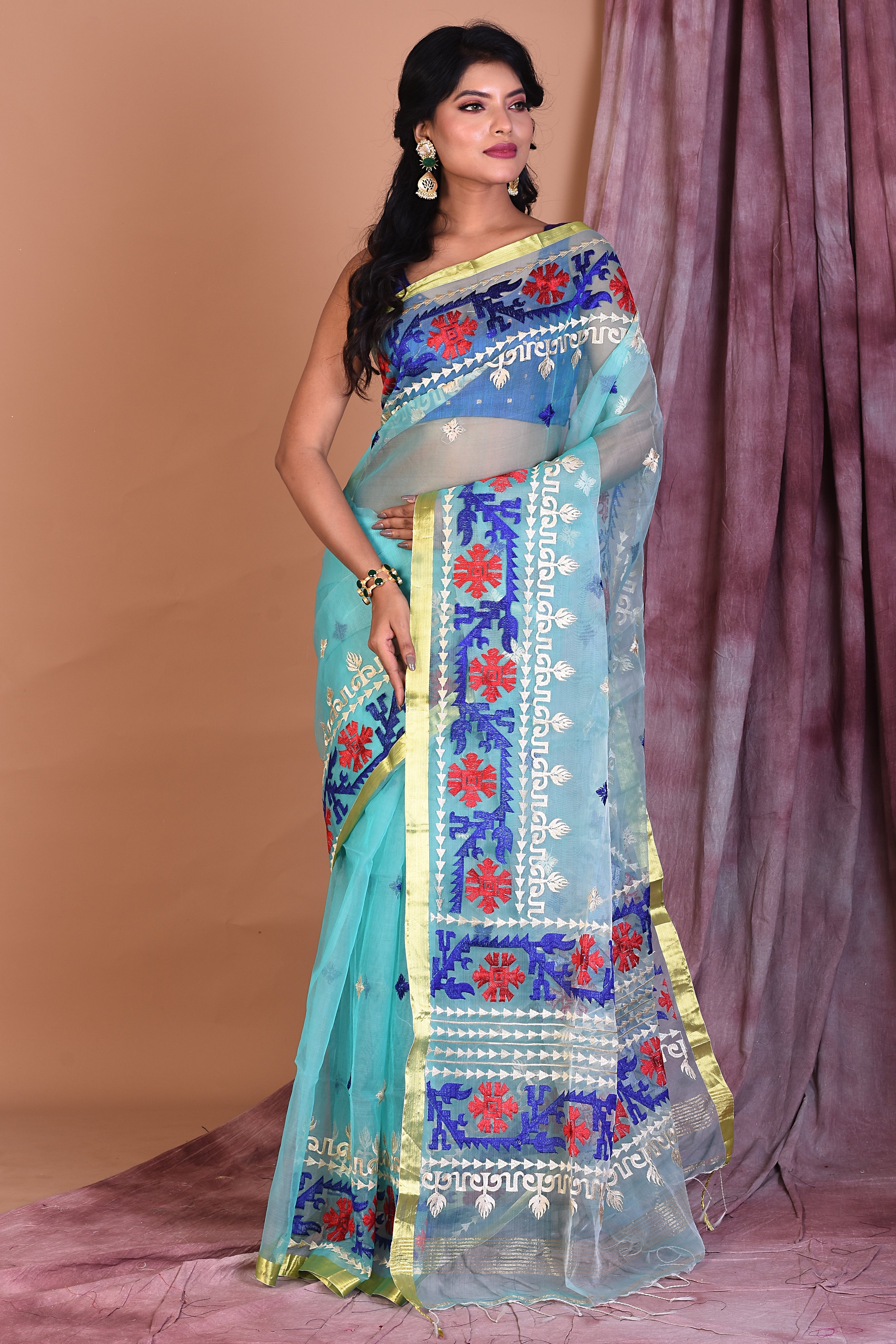 Light Blue Blended Muslin Saree with Threadwork - Keya Seth Exclusive