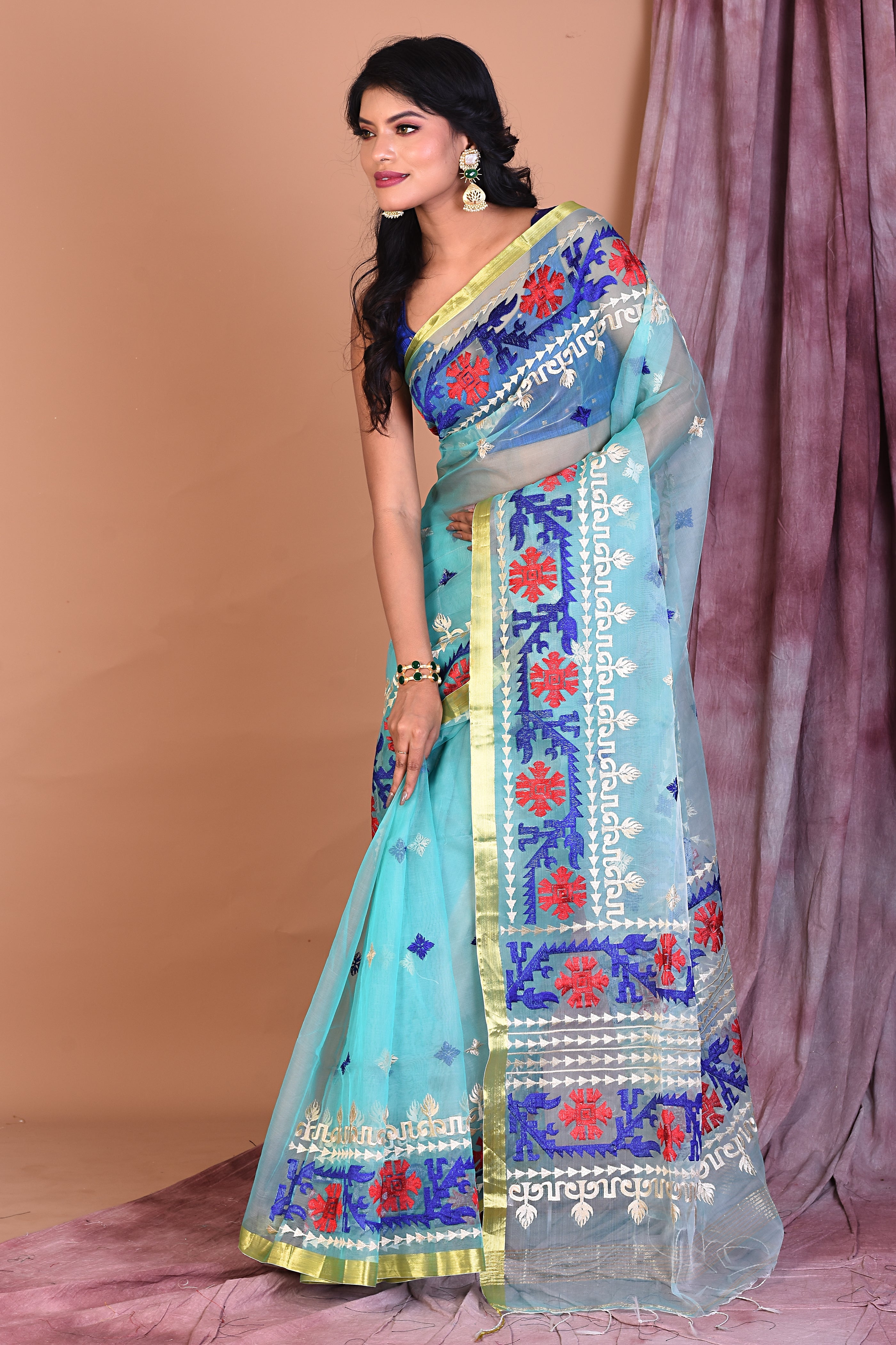 Light Blue Blended Muslin Saree with Threadwork - Keya Seth Exclusive