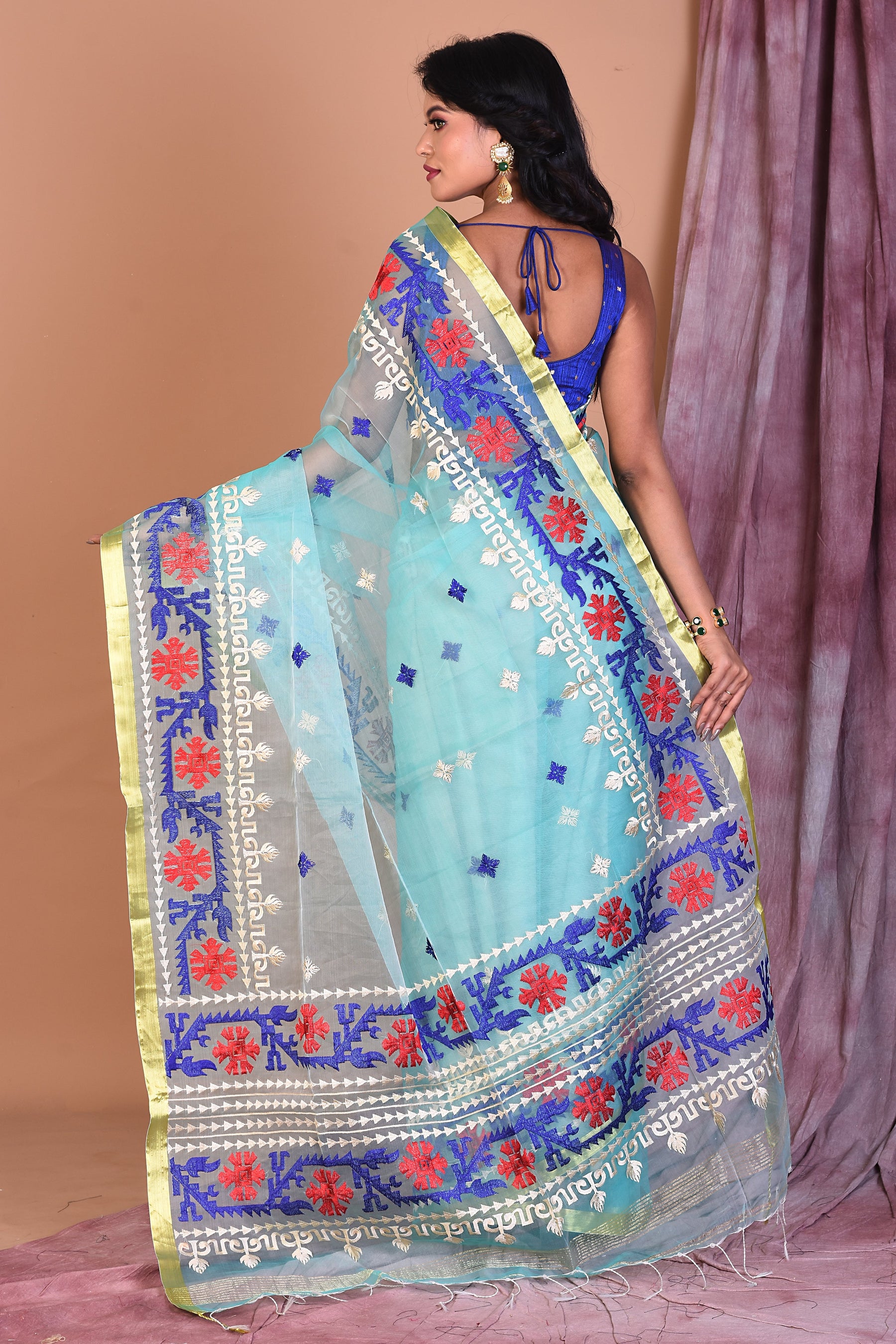 Light Blue Blended Muslin Saree with Threadwork - Keya Seth Exclusive