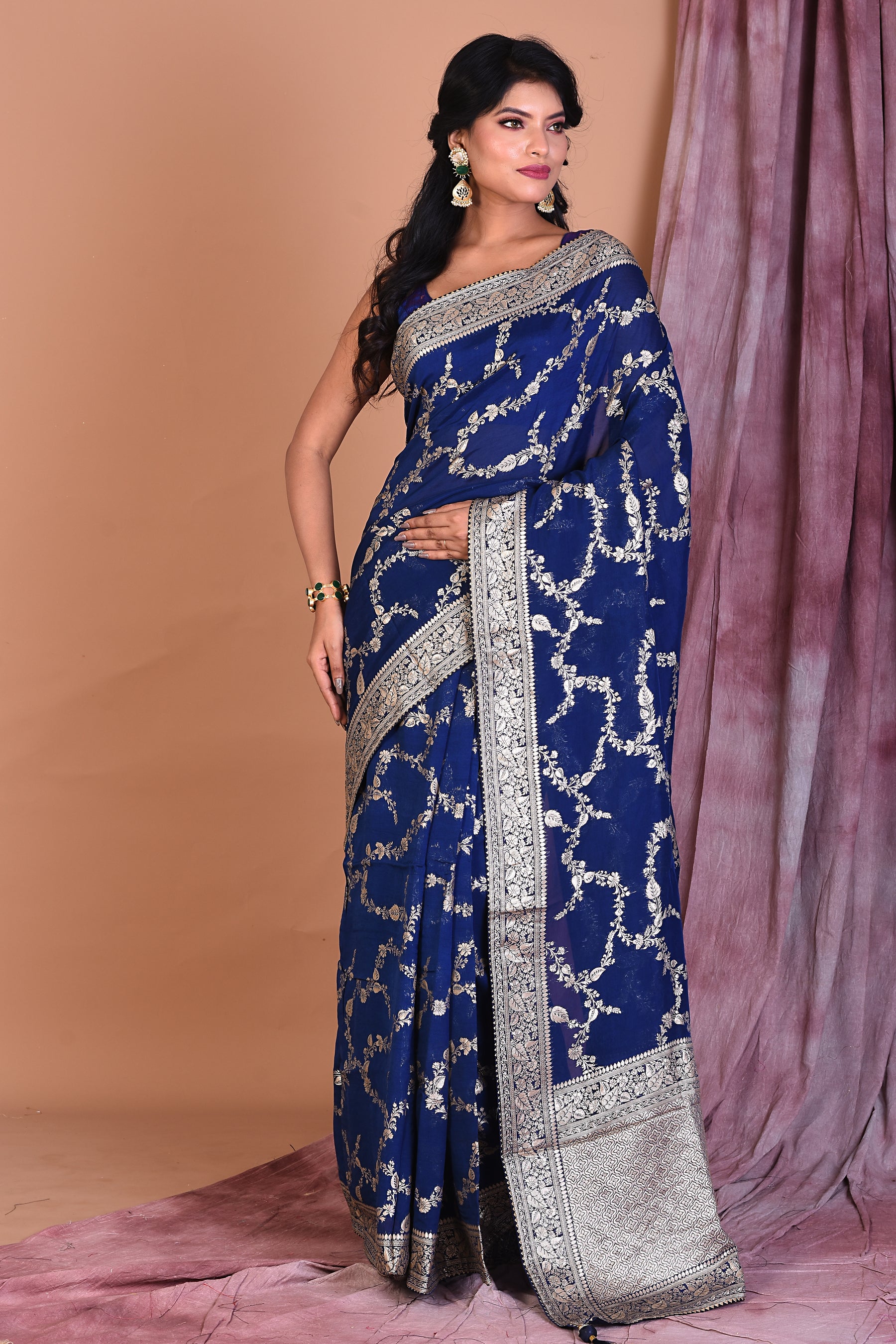 Navy Blue Khaddi Georgette Saree with Golden Zari - Keya Seth Exclusive