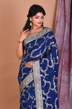 Navy Blue Khaddi Georgette Saree with Golden Zari - Keya Seth Exclusive