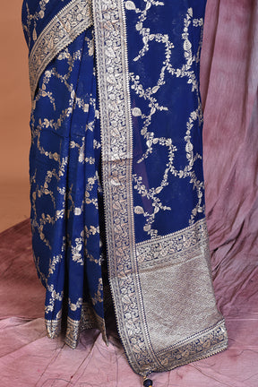 Navy Blue Khaddi Georgette Saree with Golden Zari - Keya Seth Exclusive