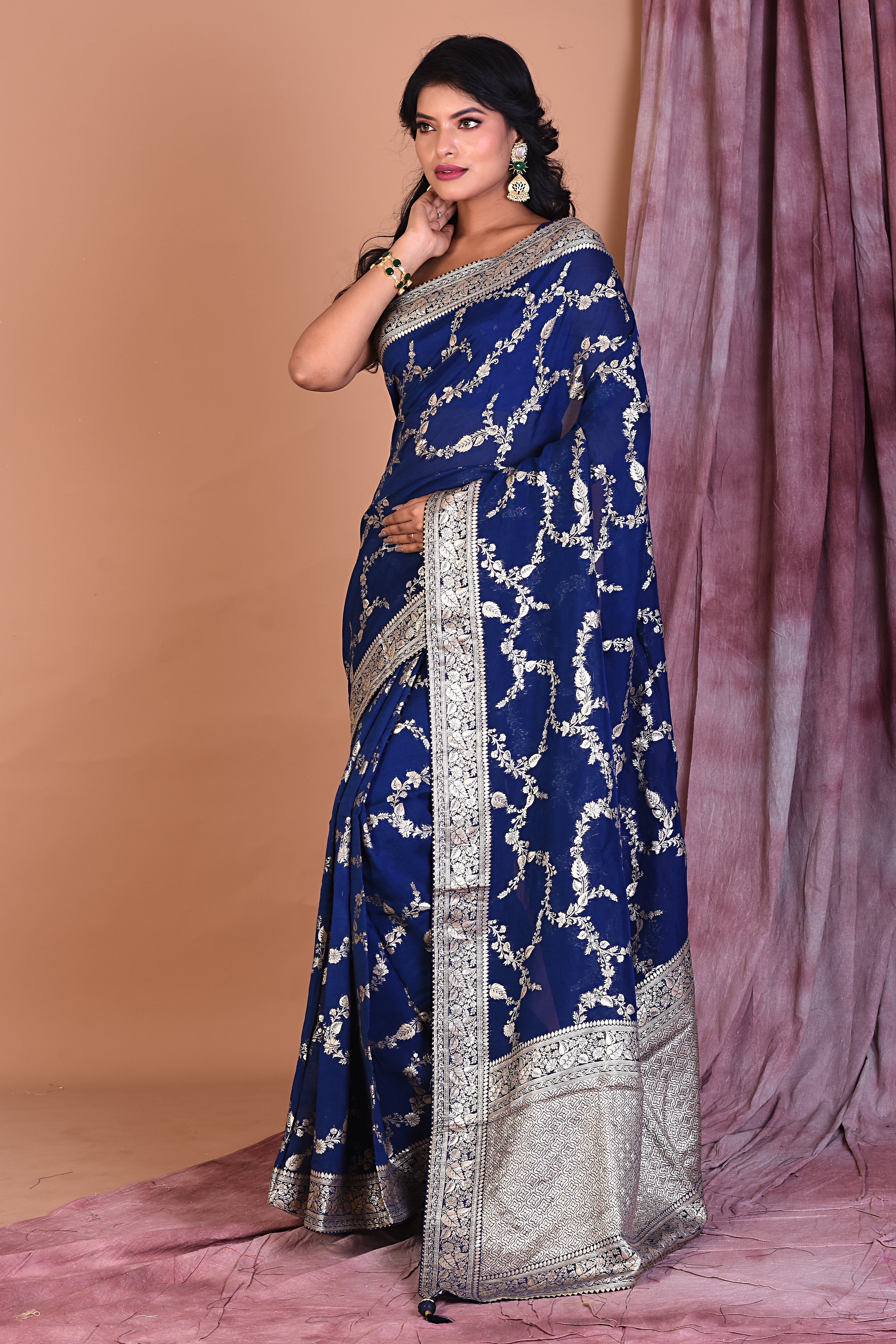 Navy Blue Khaddi Georgette Saree with Golden Zari - Keya Seth Exclusive