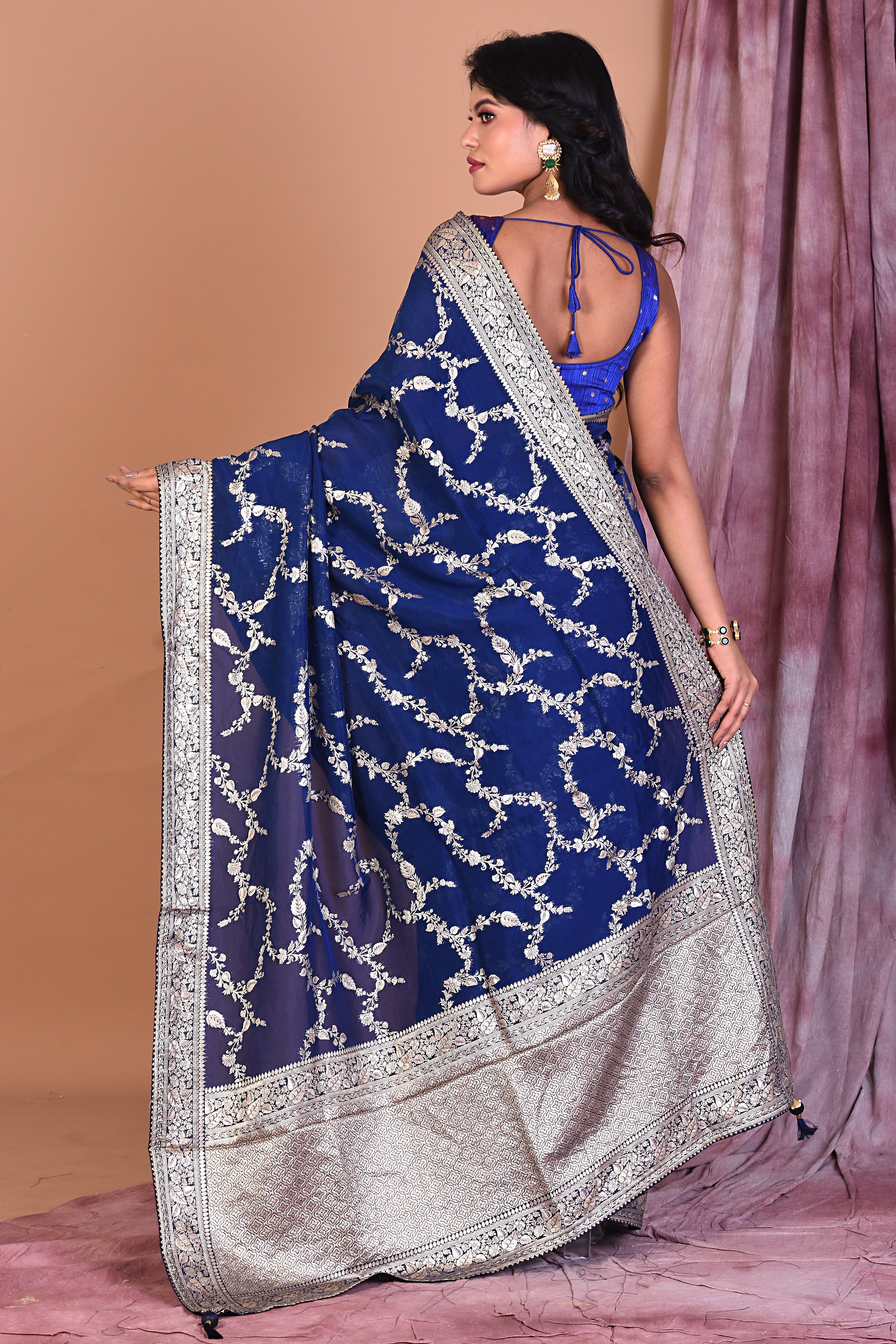 Navy Blue Khaddi Georgette Saree with Golden Zari - Keya Seth Exclusive