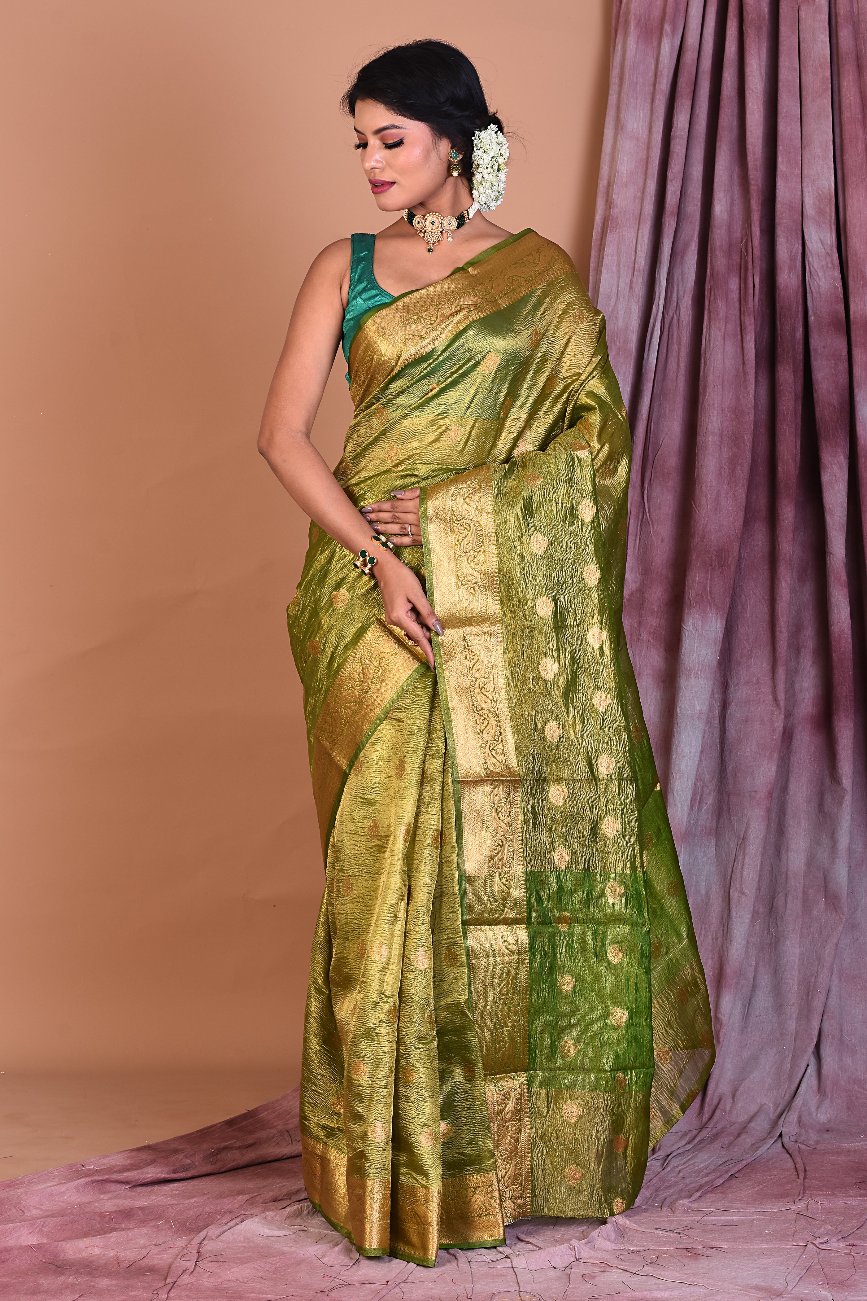 Green Blended Tissue Saree with Zari Work - Keya Seth Exclusive