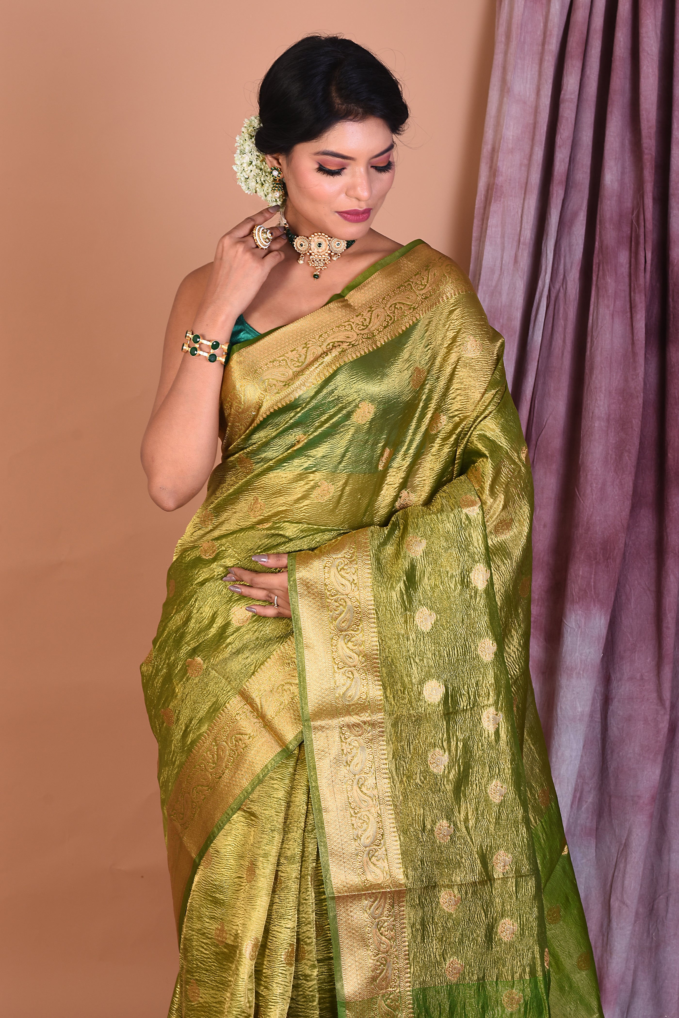 Green Blended Tissue Saree with Zari Work - Keya Seth Exclusive