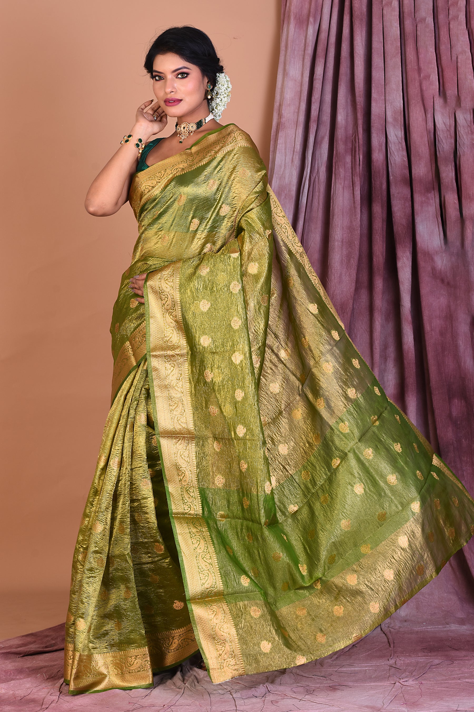 Green Blended Tissue Saree with Zari Work - Keya Seth Exclusive