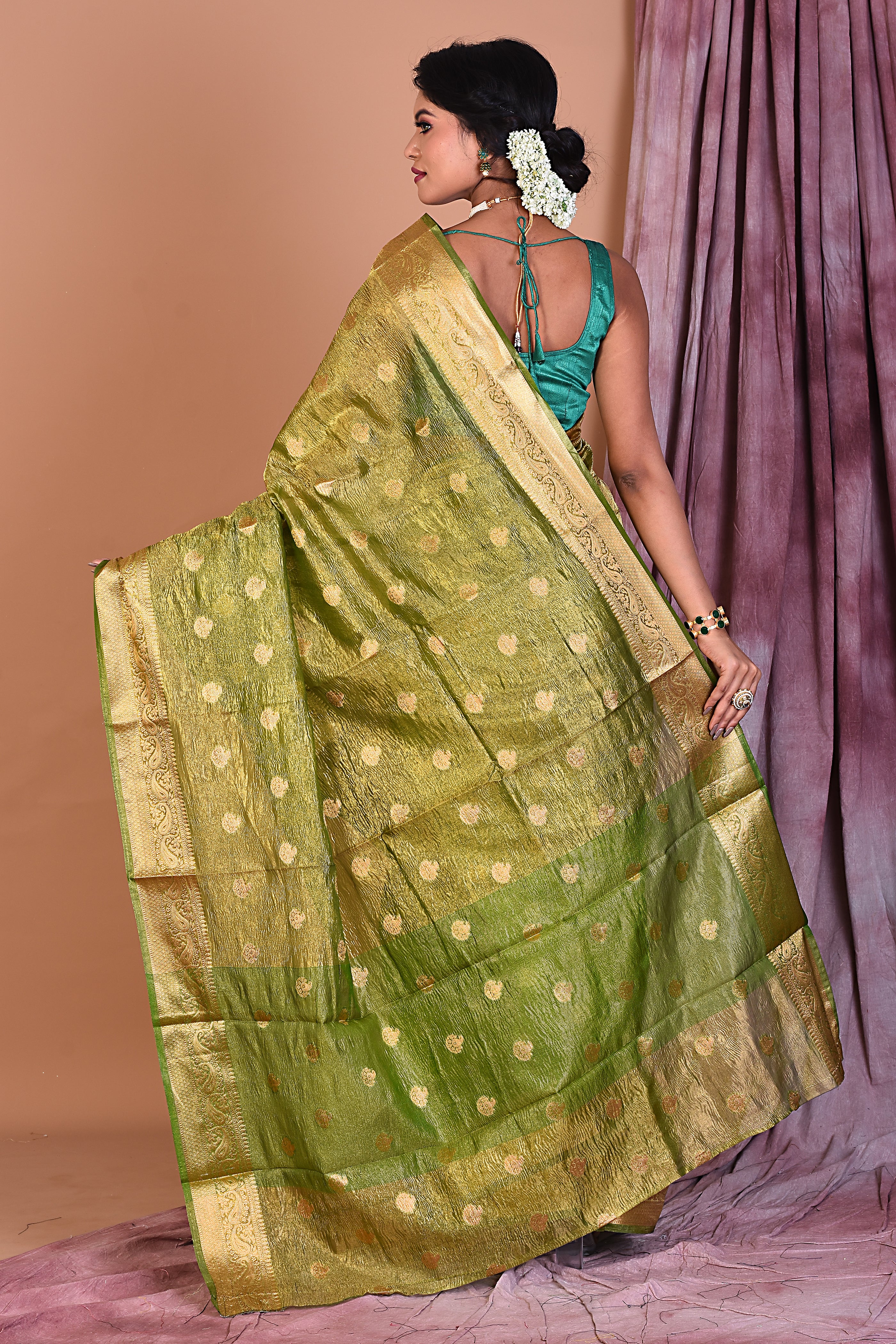 Green Blended Tissue Saree with Zari Work - Keya Seth Exclusive