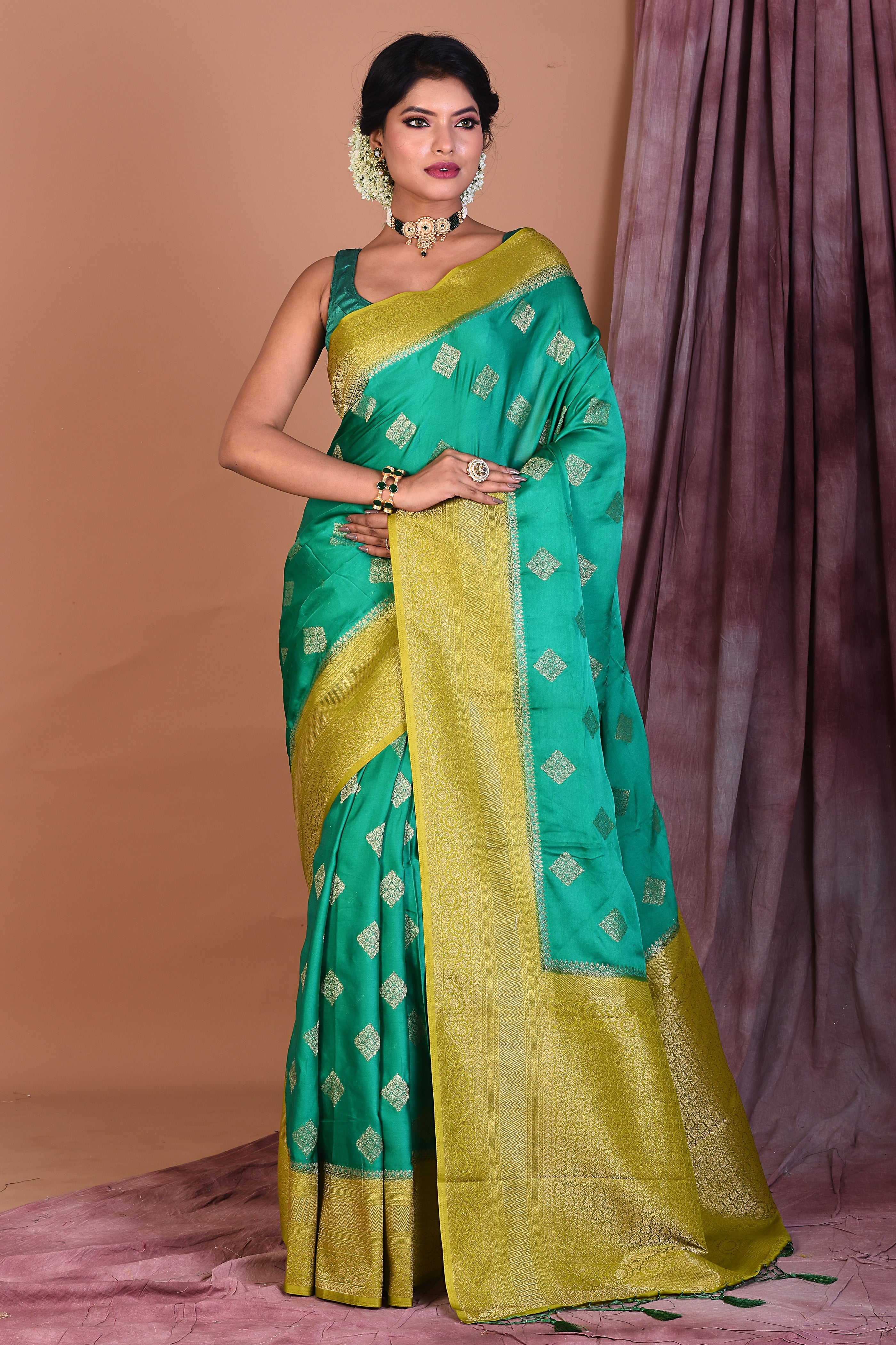 Sea Green Satin Silk Saree with Olive Borders - Keya Seth Exclusive