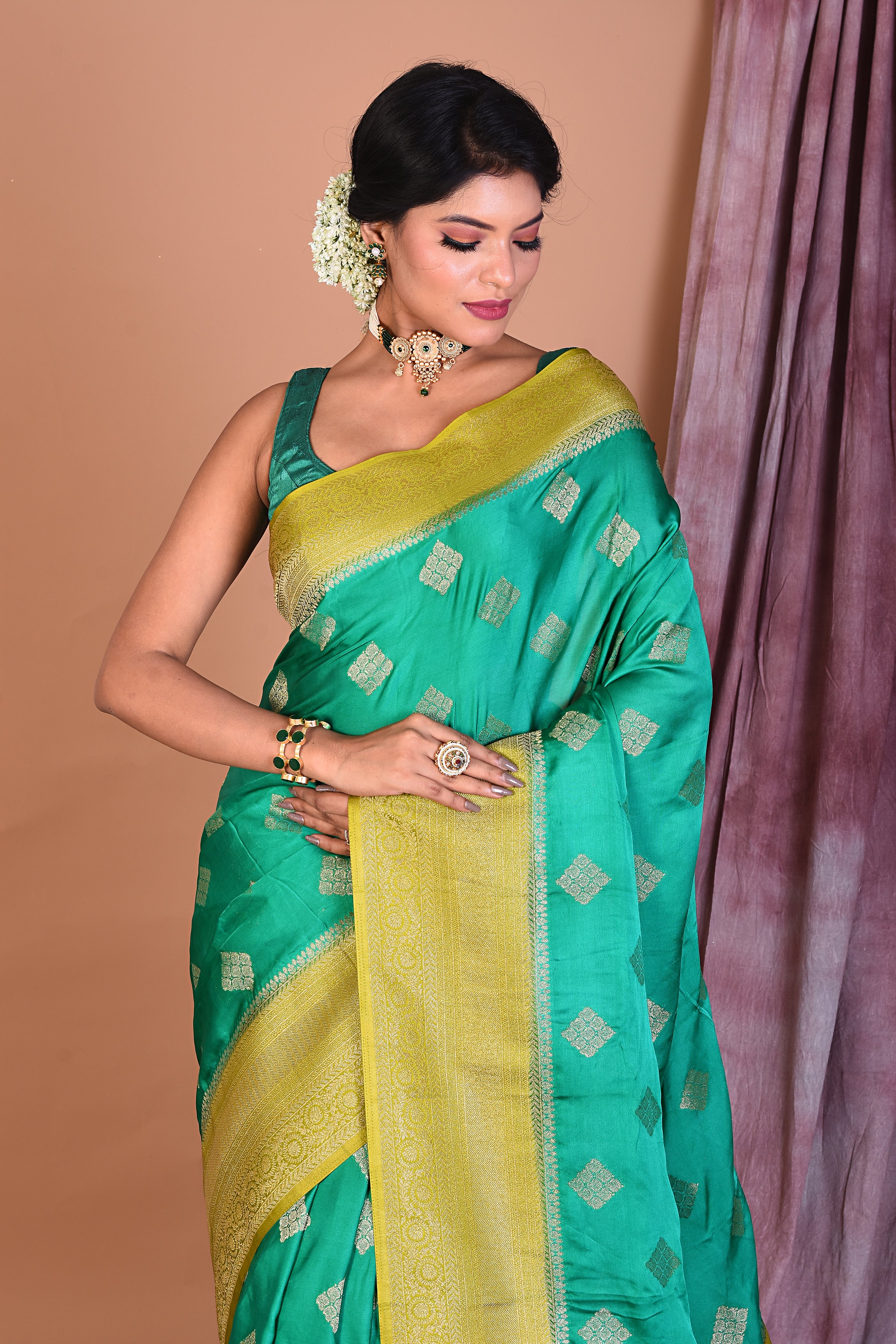 Sea Green Satin Silk Saree with Olive Borders - Keya Seth Exclusive