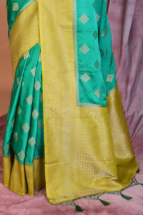 Sea Green Satin Silk Saree with Olive Borders - Keya Seth Exclusive