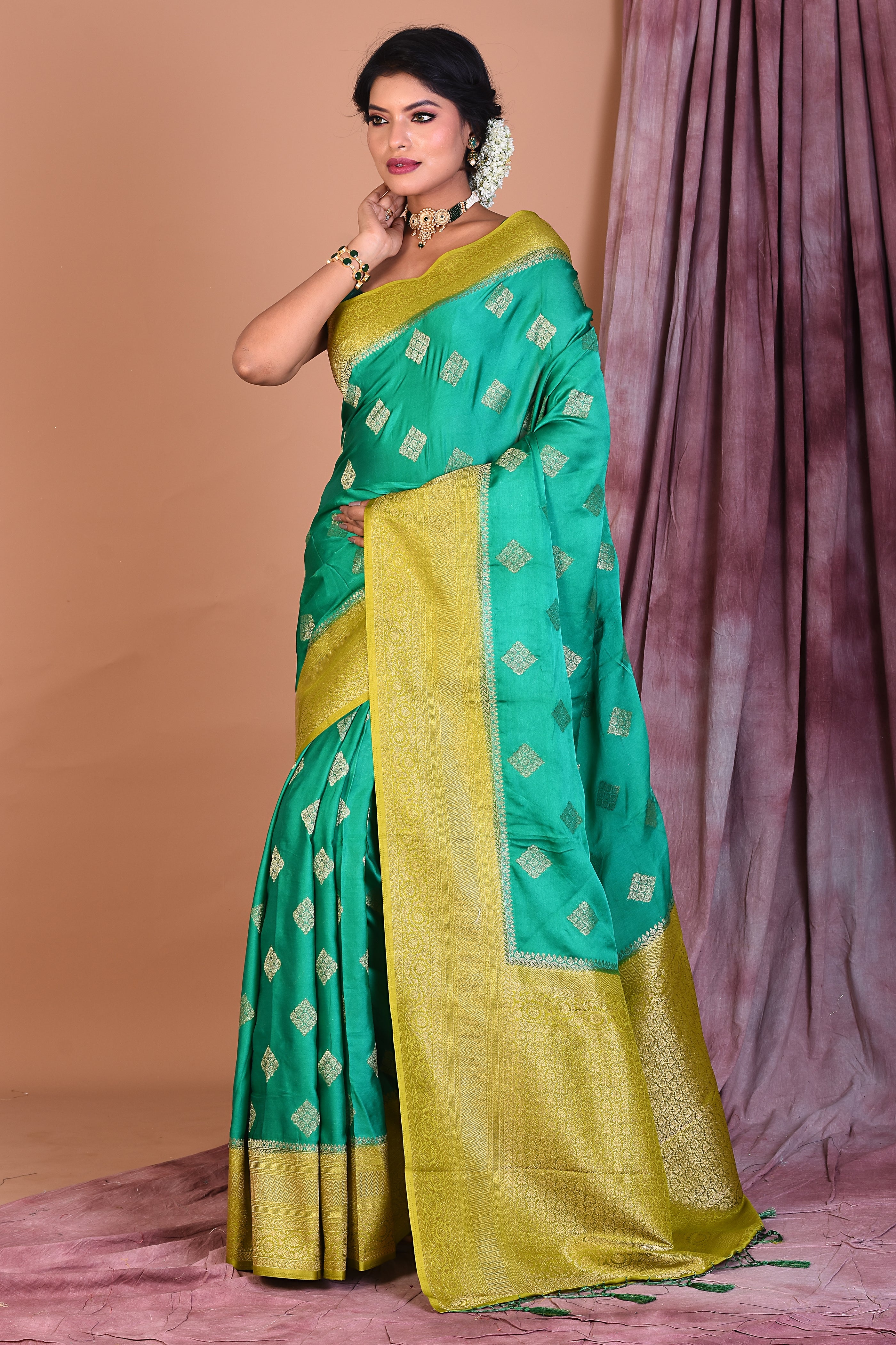 Sea Green Satin Silk Saree with Olive Borders - Keya Seth Exclusive