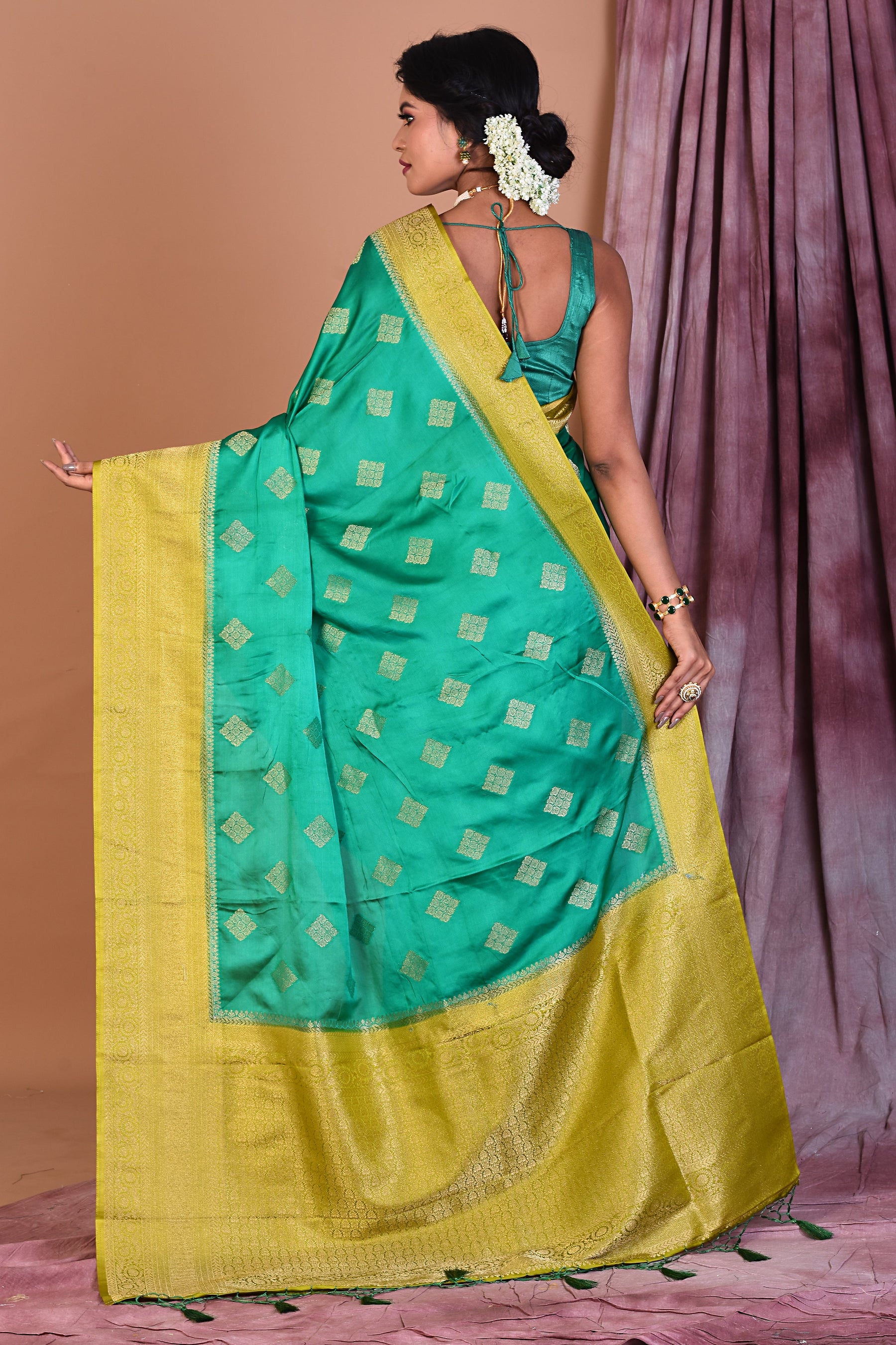 Sea Green Satin Silk Saree with Olive Borders - Keya Seth Exclusive