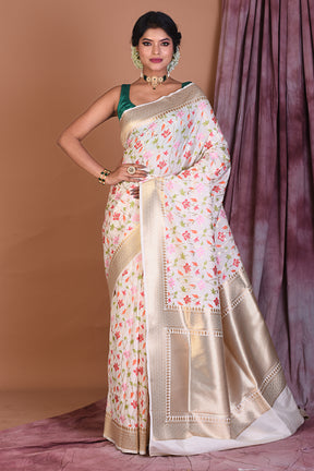 Off-white Blended Katan Saree with Zari Work - Keya Seth Exclusive