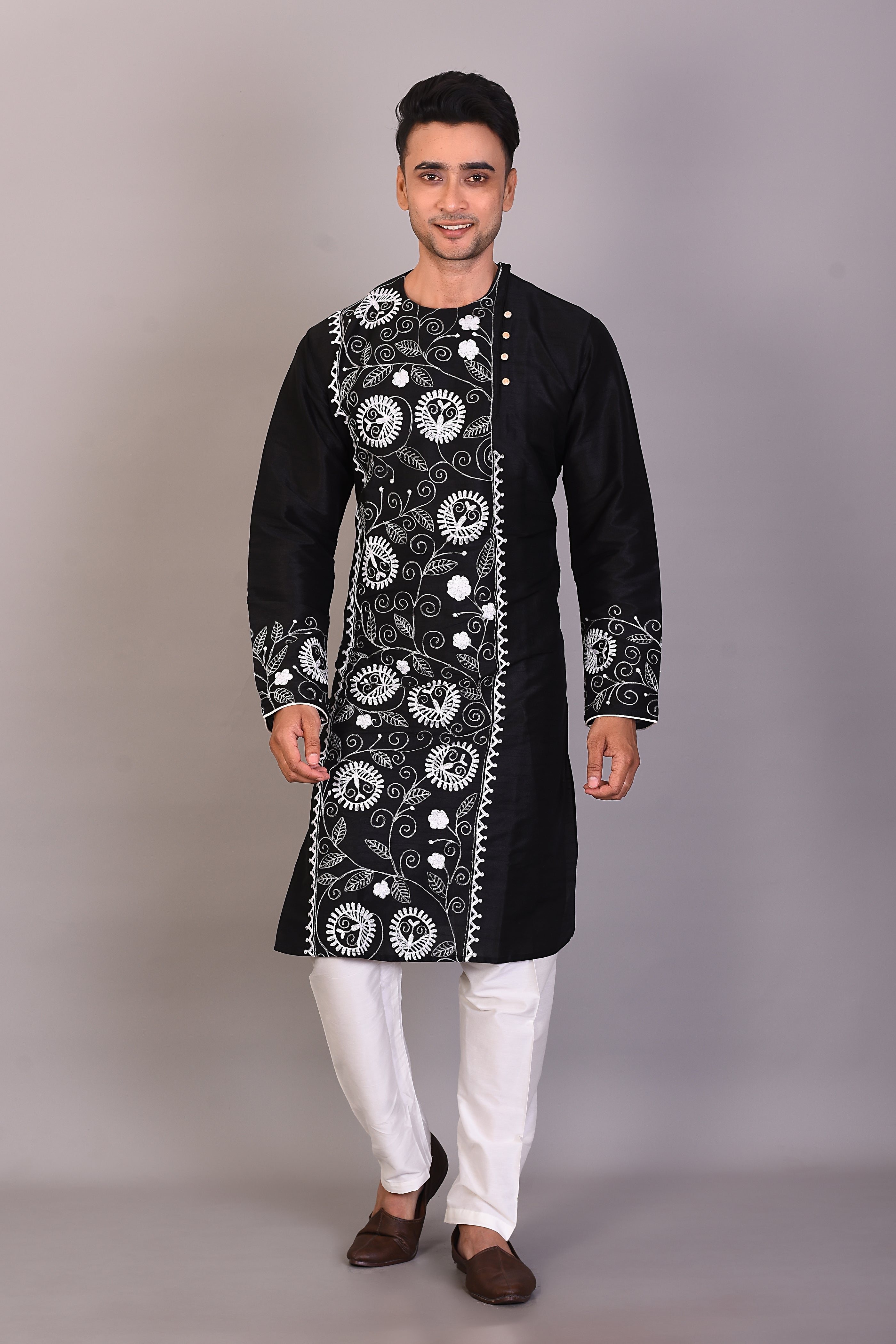 Long Black Silk Kurta with Full Sleeves - Keya Seth Exclusive