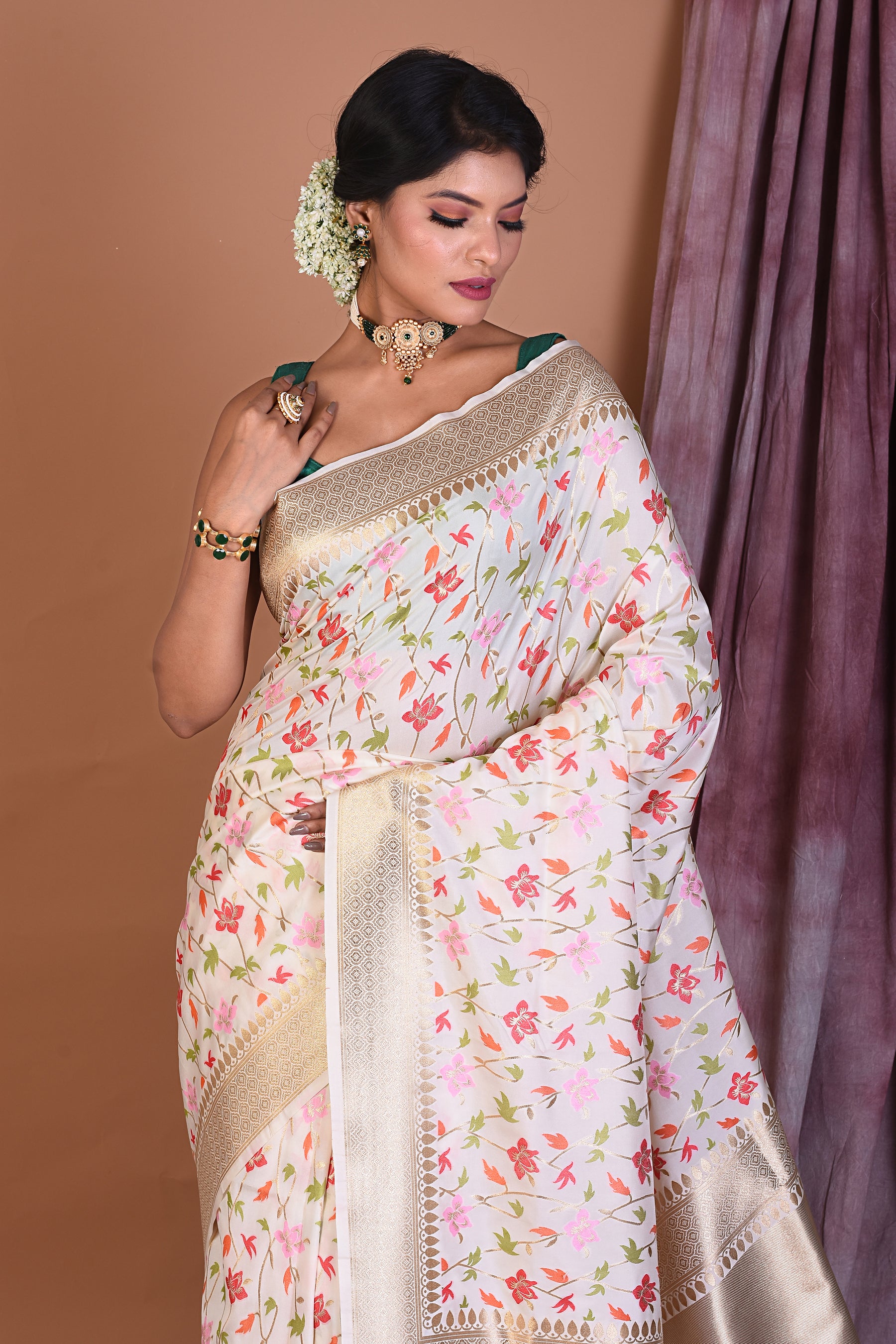 Off-white Blended Katan Saree with Zari Work - Keya Seth Exclusive