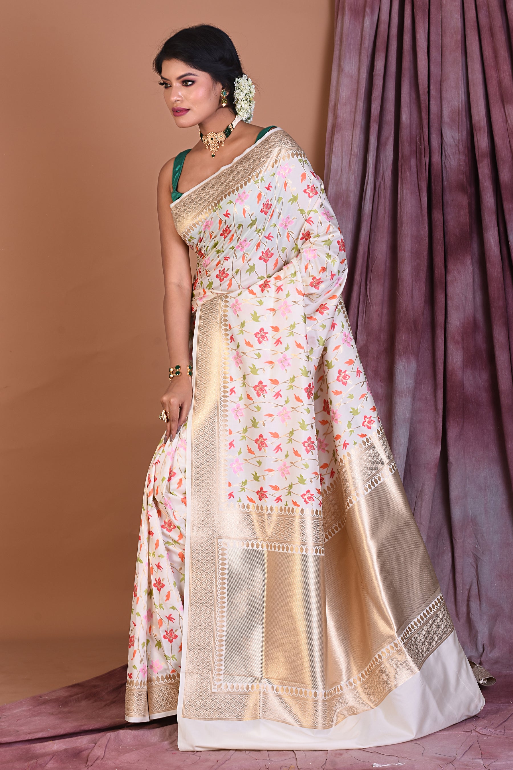 Off-white Blended Katan Saree with Zari Work - Keya Seth Exclusive