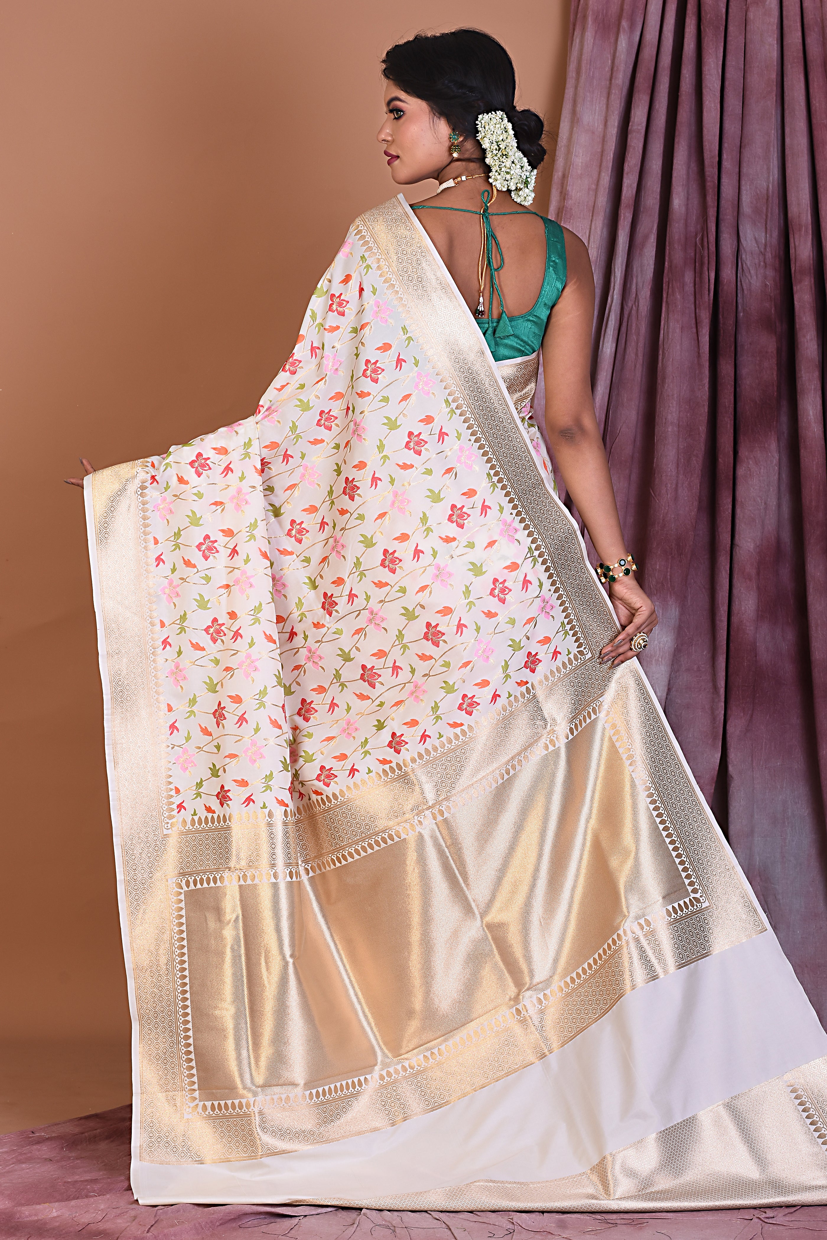 Off-white Blended Katan Saree with Zari Work - Keya Seth Exclusive