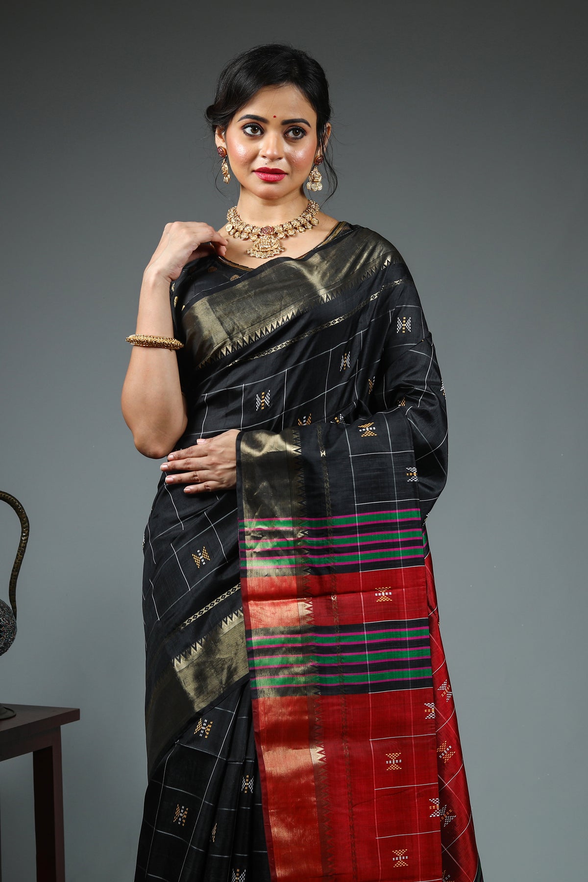 Black Pure Checkered Kanjivaram Kalashetra Saree