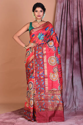 Red Art Silk Saree with Golden Borders - Keya Seth Exclusive