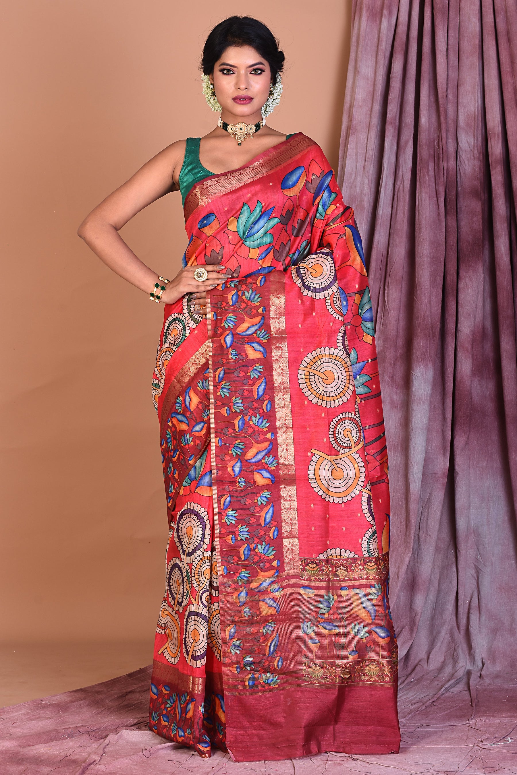 Red Art Silk Saree with Golden Borders - Keya Seth Exclusive