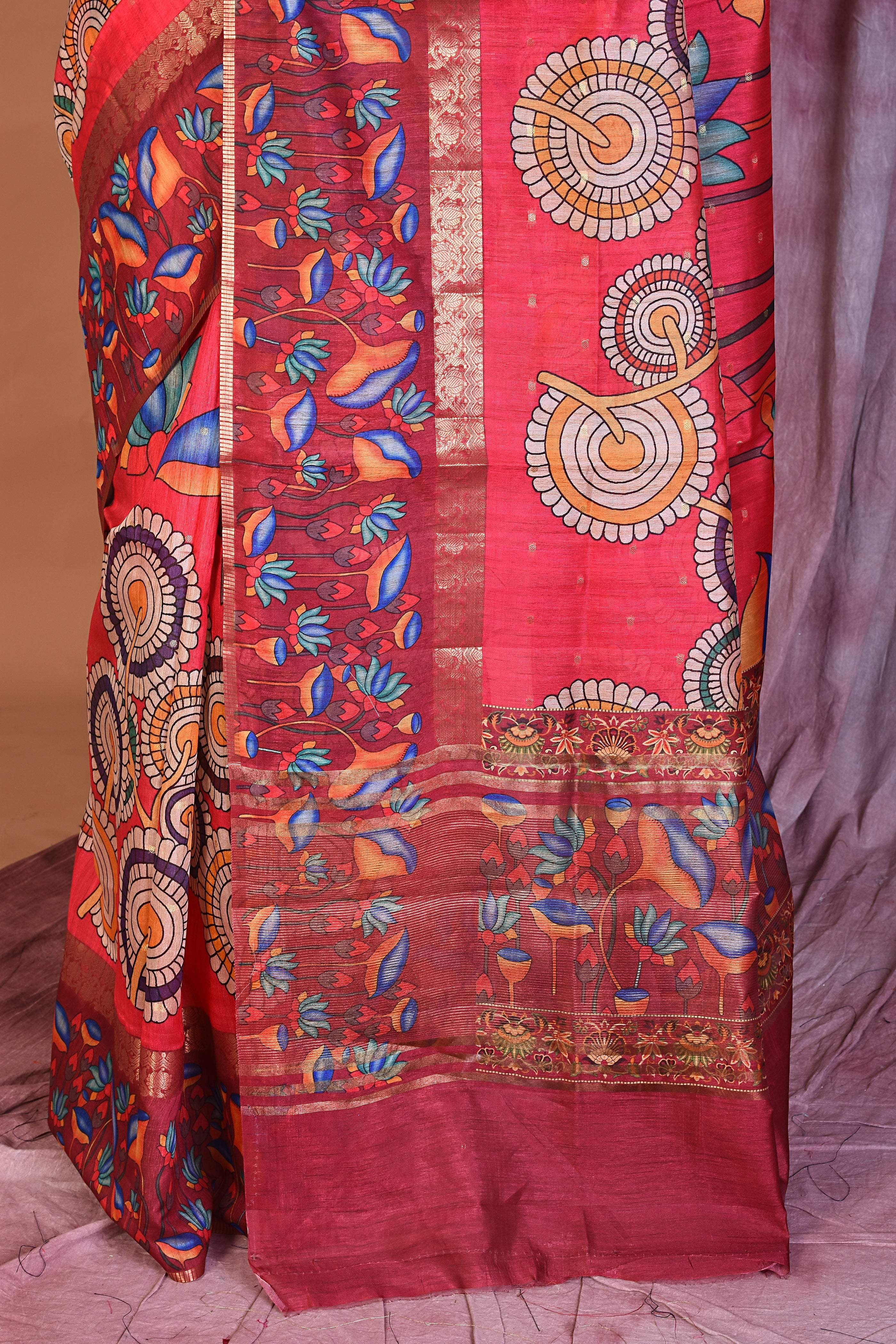 Red Art Silk Saree with Golden Borders - Keya Seth Exclusive