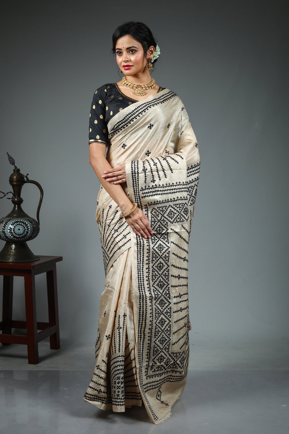 Beige Pure Tussar Saree