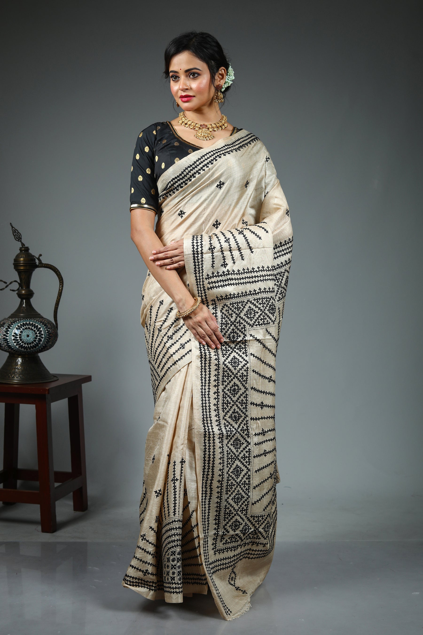 Beige Pure Tussar Saree