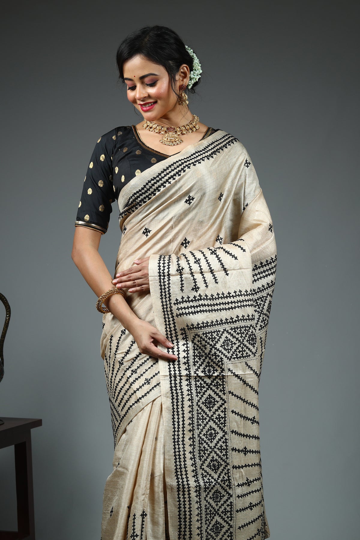 Beige Pure Tussar Saree