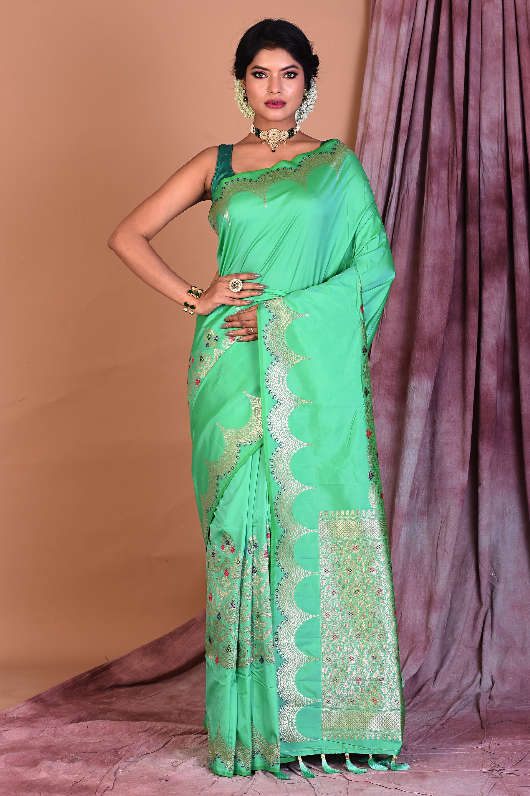 Sea Green Blended Silk Saree with Golden Zari - Keya Seth Exclusive