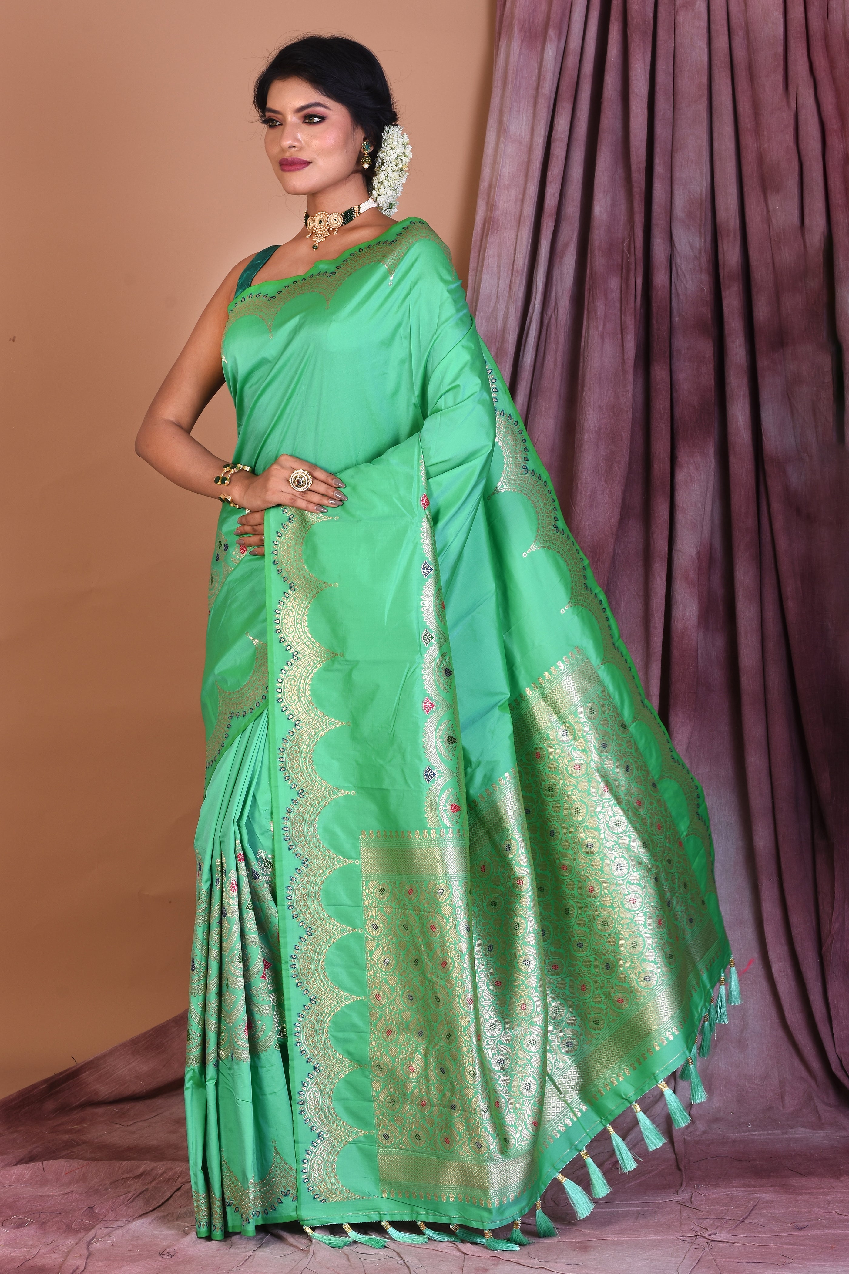 Sea Green Blended Silk Saree with Golden Zari - Keya Seth Exclusive