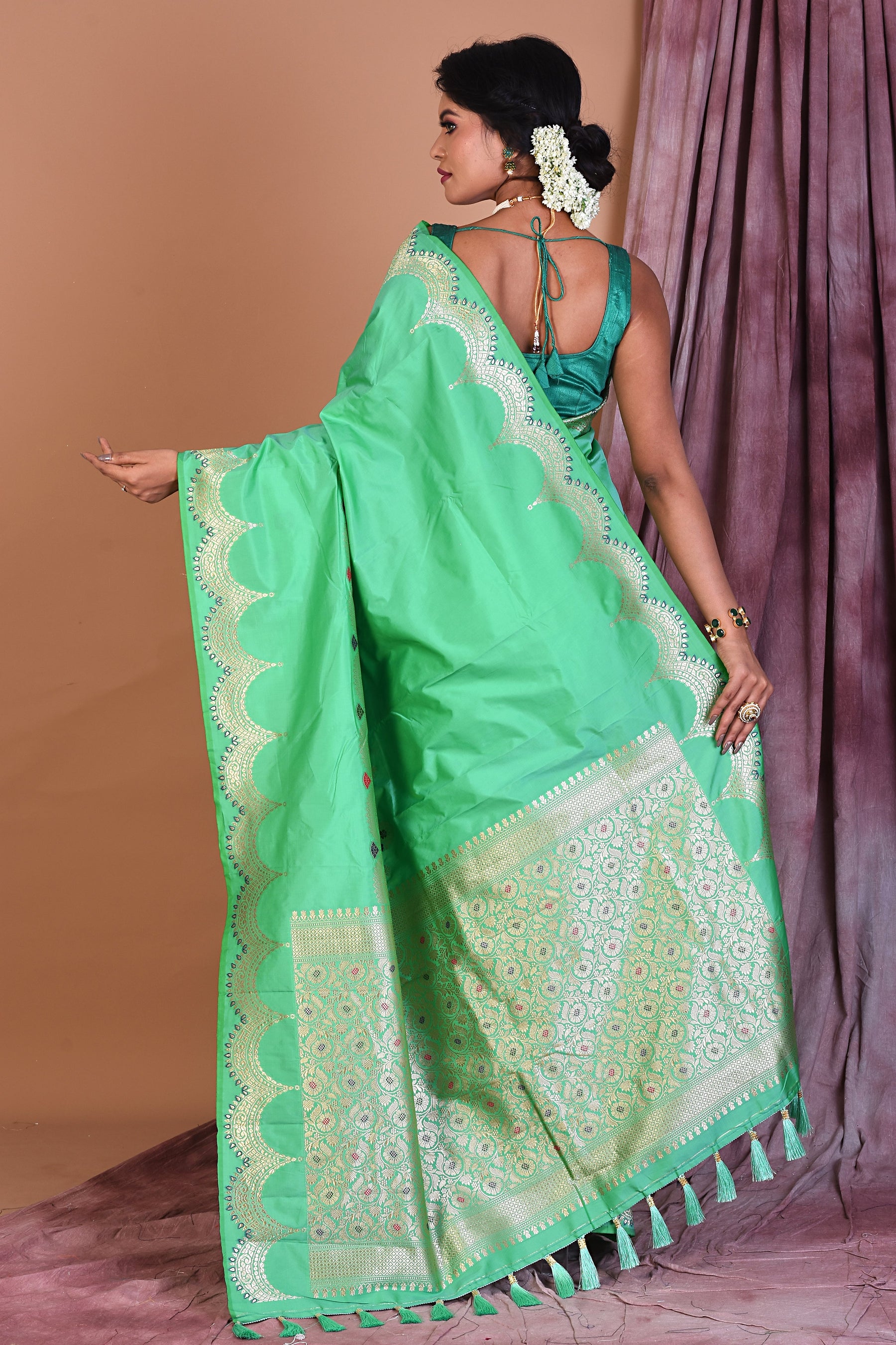 Sea Green Blended Silk Saree with Golden Zari - Keya Seth Exclusive