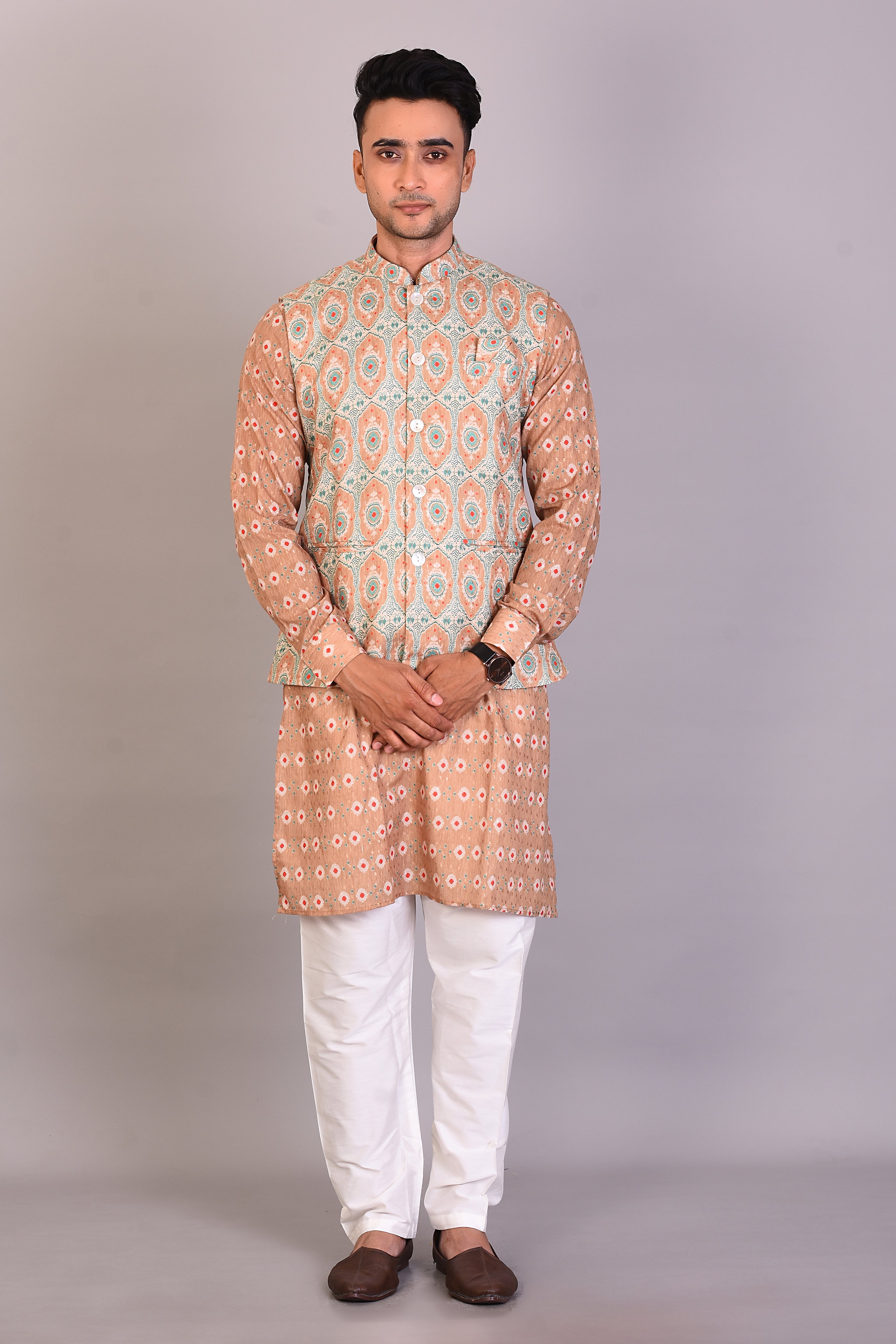 Long Peach Printed Silk Kurta with Full Sleeves and Jacket - Keya Seth Exclusive