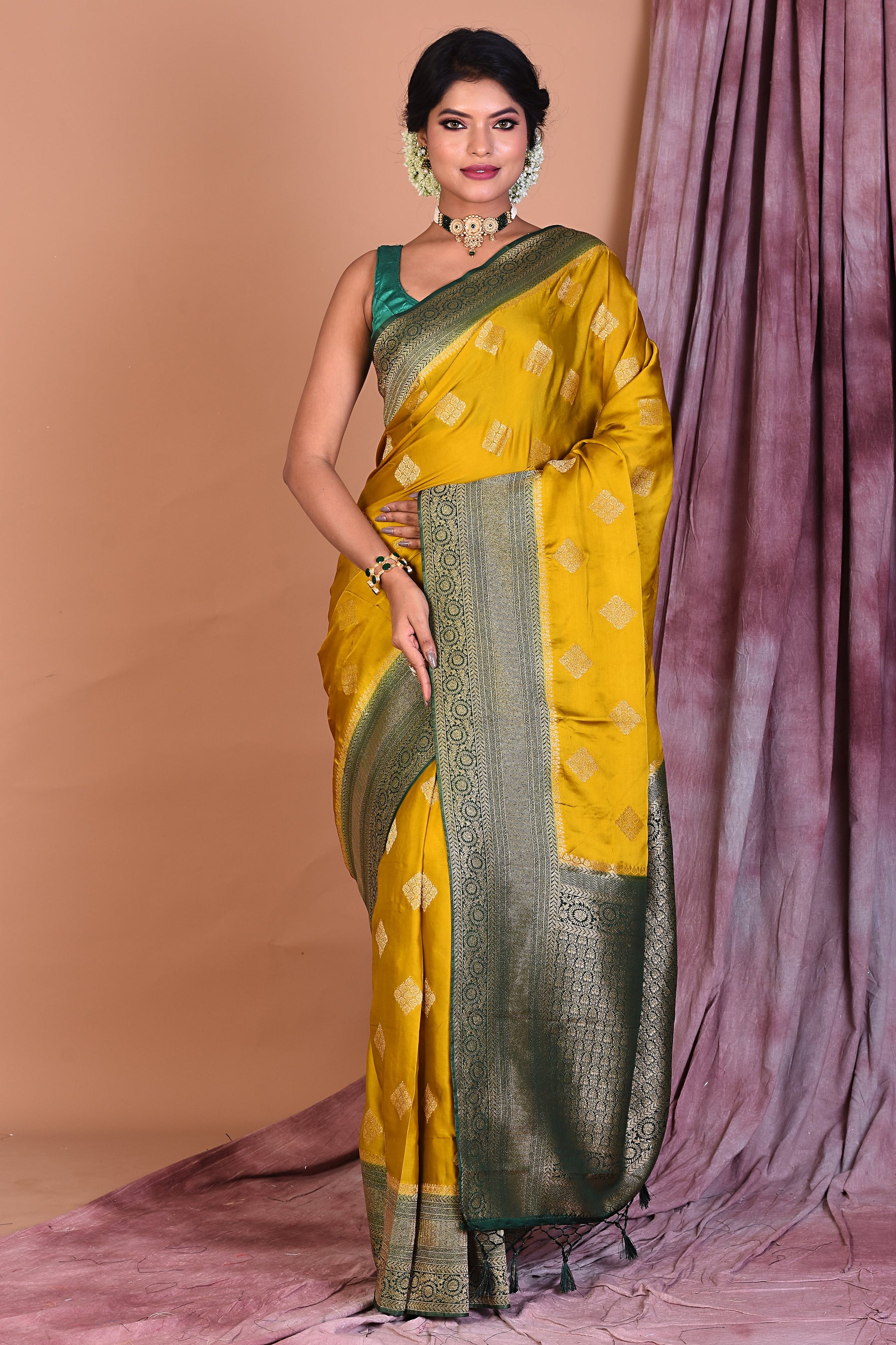 Yellow Satin Silk Saree with Golden Zari - Keya Seth Exclusive